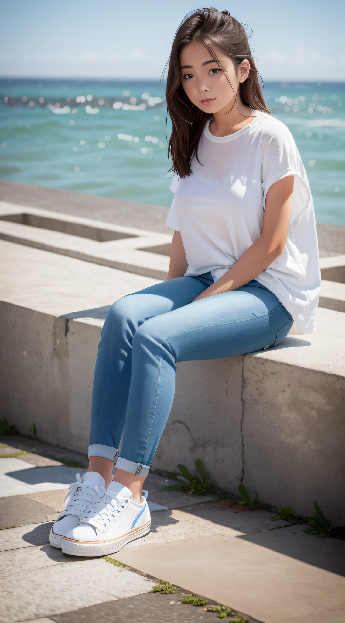 arafed woman sitting on a ledge near the ocean, white shirt and blue jeans, jeans and t shirt, wearing elegant casual clothes, wearing jeans, white shirt and jeans, outfit : jeans and white vest, wearing casual clothing, wearing white sneakers, wearing casual clothes, blue jeans, woman is sitting, dressed in a white t shirt, wearing a shirt and a jean
