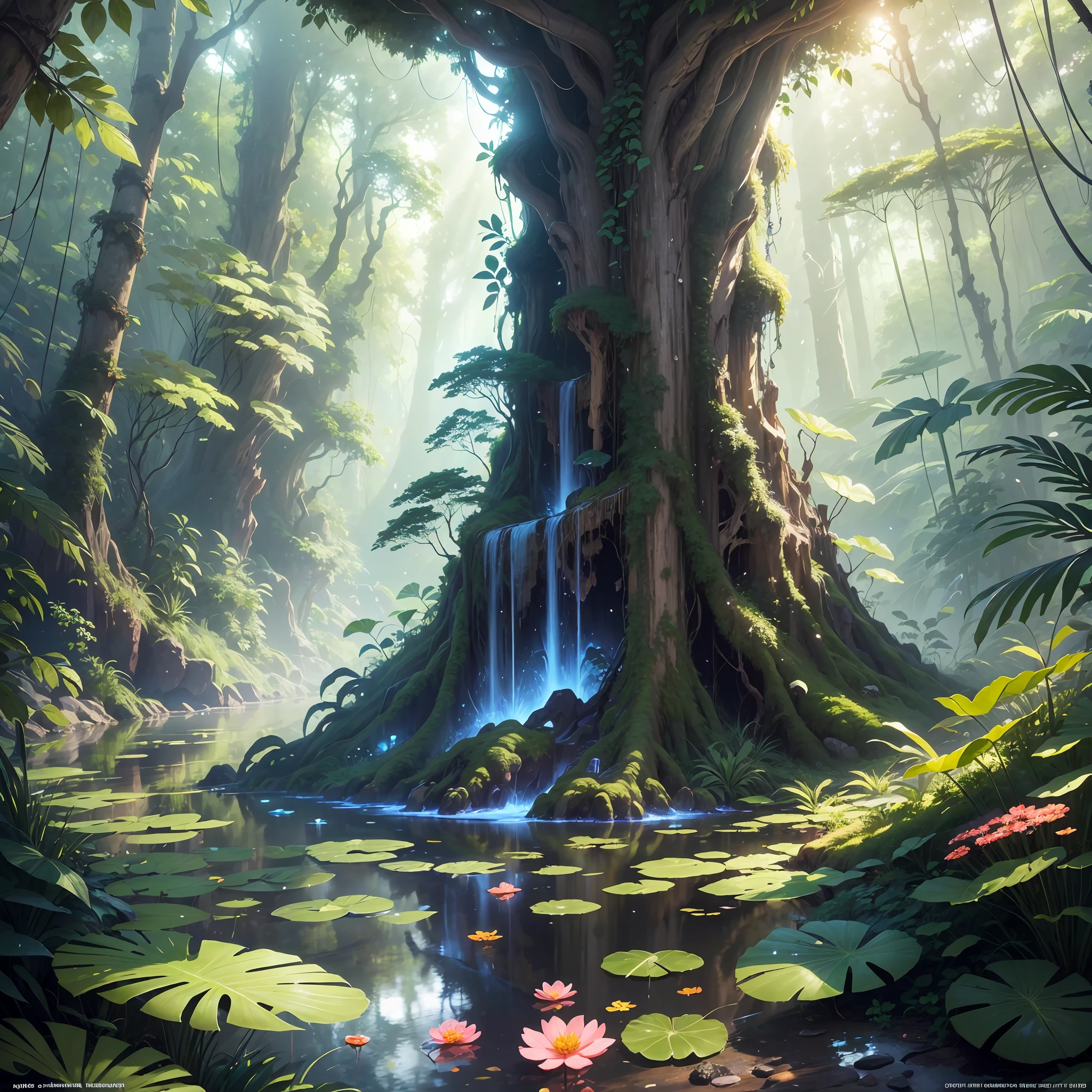 Digital illustration, detailed and intricate, realistic picture of a dense rainforest with wild flowers , the sunlight filtering through the canopy to a wide river, Dark and dirty prism effect.In the style of Yoshitaka Amano and Hayao Miyazaki, masterpiece, proportional, detailed, trending on artstation, beautiful lighting, realistic, intricate, award winning, 4k, highest quality Award-winning, 4K digital painting in the style of Yoshitaka Amano. Detailed and intricate depiction of rainforest ecosystem, masterfully capturing the chaos and drama of the nature. Beautiful lighting and cinematic composition make this piece a true masterpiece, trending on artstation no humans, scenery, vanishing point, from below, masterpiece, best quality, 8k, absurdres, water surface, summer, noon, sunlight, blue sky, perspective, depth of field, highres, finely detail, ultra-detailed, sharp focus --auto --s2