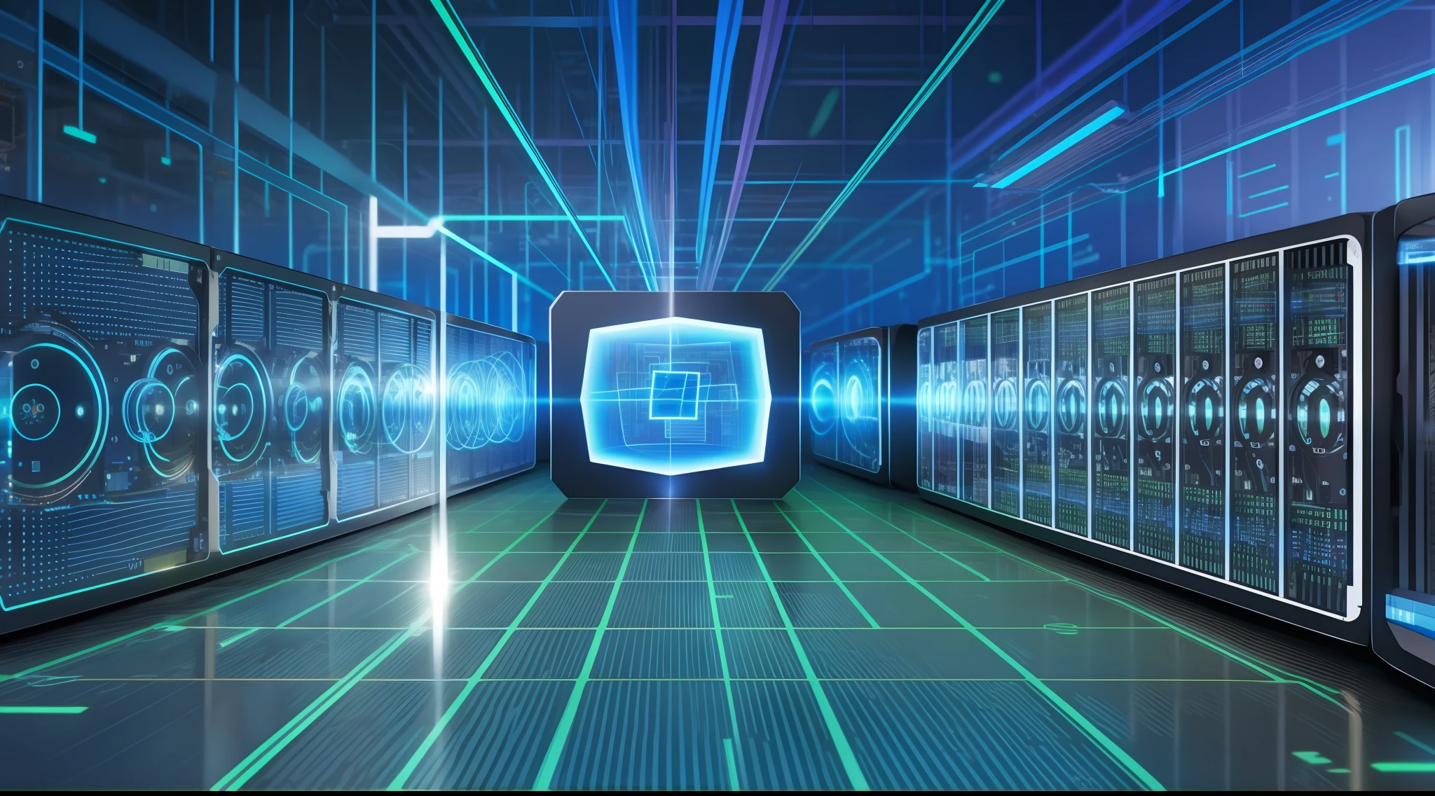 quantum computer, backlight, male and female researchers, wide range