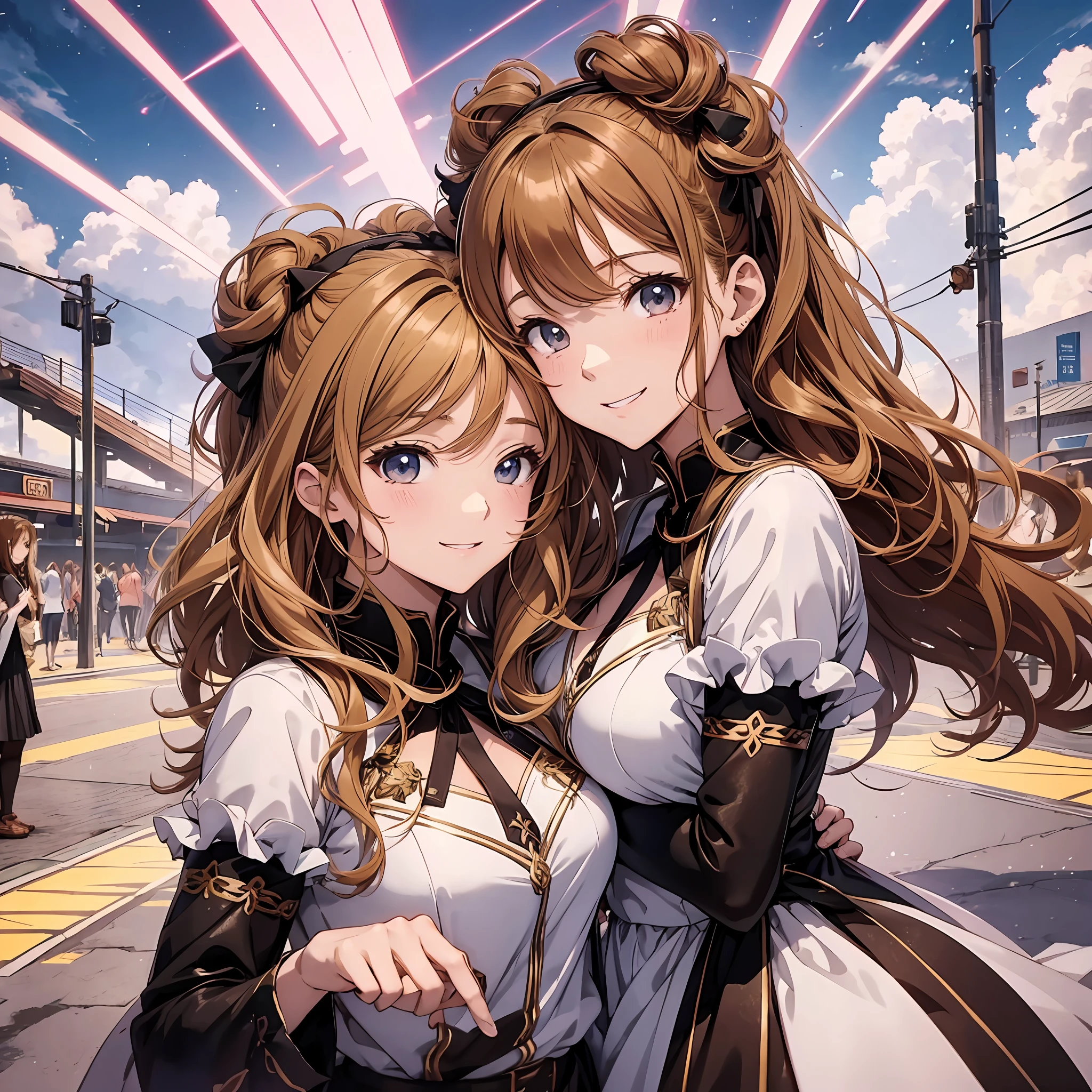 perfect anime illustration, 100girls, all girls are sisters, sisters crowded together, sisters in background, matching hairstyles, rich sisters, brown hair, blonde hair, curly hair, matching hairstyle, hazel eyes, smiling, ((matching outfits), highres, full body