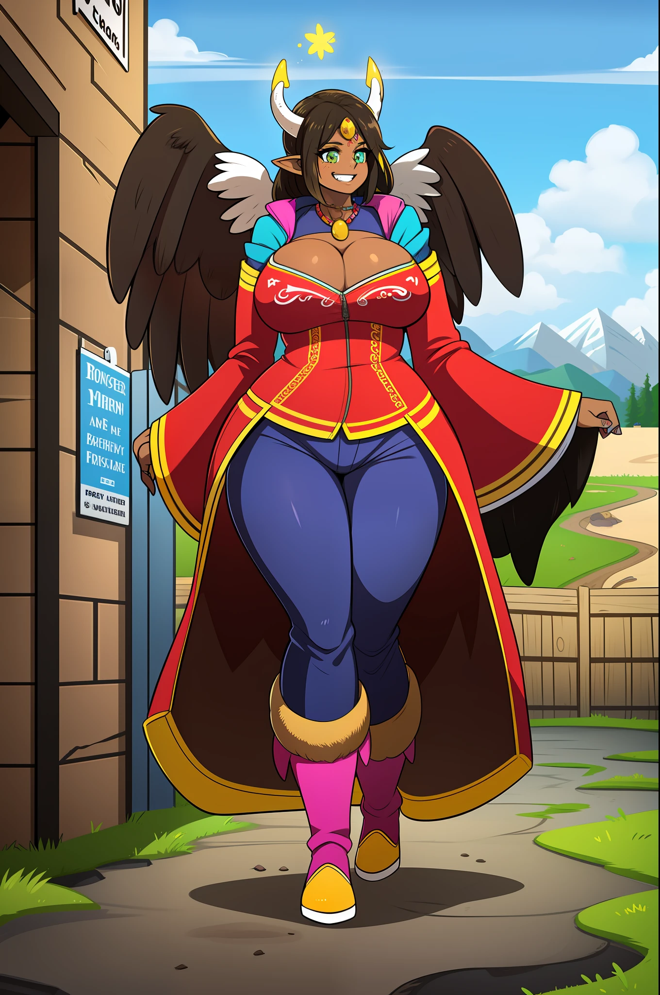 monster girl, dark-skinned woman, big chest, wings, happy,, coat jacket, pants, portrait, 1character, full body, walking, long dress, medieval, village, farm