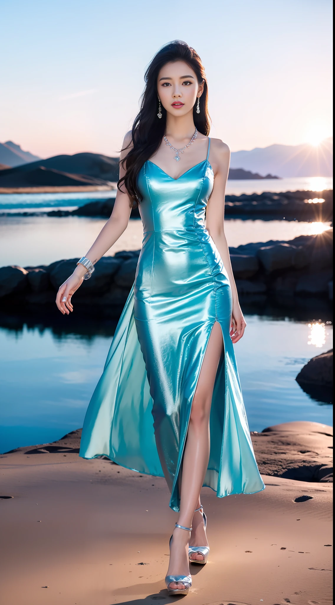 High contrast, (8K wallpapers: 1.3), realistic, octane rendering, realistic, (realistic face: 1.2), sharp focus, (masterpiece), (best quality), (mirror lighting: 1.5), light on the face, (goddess, flowing long hair: 1.3), noble and gorgeous, 1 goddess, (standing by the water: 1.4), reflection, real, slim figure, sky blue and light pink evening dress, crystal necklace, gorgeous fabric, diamond earrings, metal bracelet, atmospheric walking posture, red lips, High heels, pink stockings, lighting effects, shimmering light, blue sky, desert, (gorgeous:1.2), (elegant:1.1), (confident:1.1)