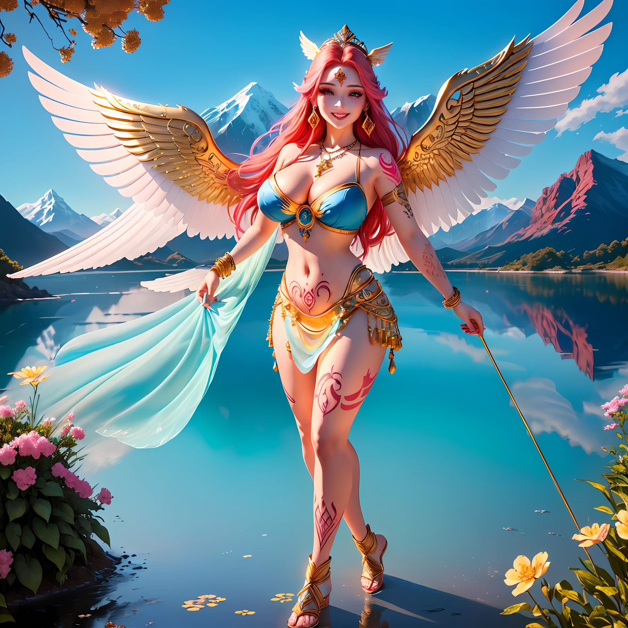 (((a goddess with wings flying in the blue sky))), a female half demon angel with white wings and flying in the sky, on her back, long red hair, green eyes, very beautiful, sensual, transparent nightgown, thick lips with red lipstick, thin waist, wide hips, thick legs, belly out, smiling, full body, super detailed, ultra realistic, 4K,  anime style, background with mountains and blue sky with pasture, sensual dynamic pose, body covered with dew, reflection of lights in the hair and dew, necklace of precious stones, gold and ruby bracelet, glittering earrings, lightly made up, nails painted red, pink blush on the cheeks, eyes with eyeliner, eyelashes, lightly made up eyes, dew drops by the body,  wet body, gold navel piercing, golden sandals braided up to the shin, flowering garden in the background with rays of sunshine, wearing gold and ruby tiara, ((golden tribal tattoo)), large breasts with shivering beak, (((tattooed body)))
