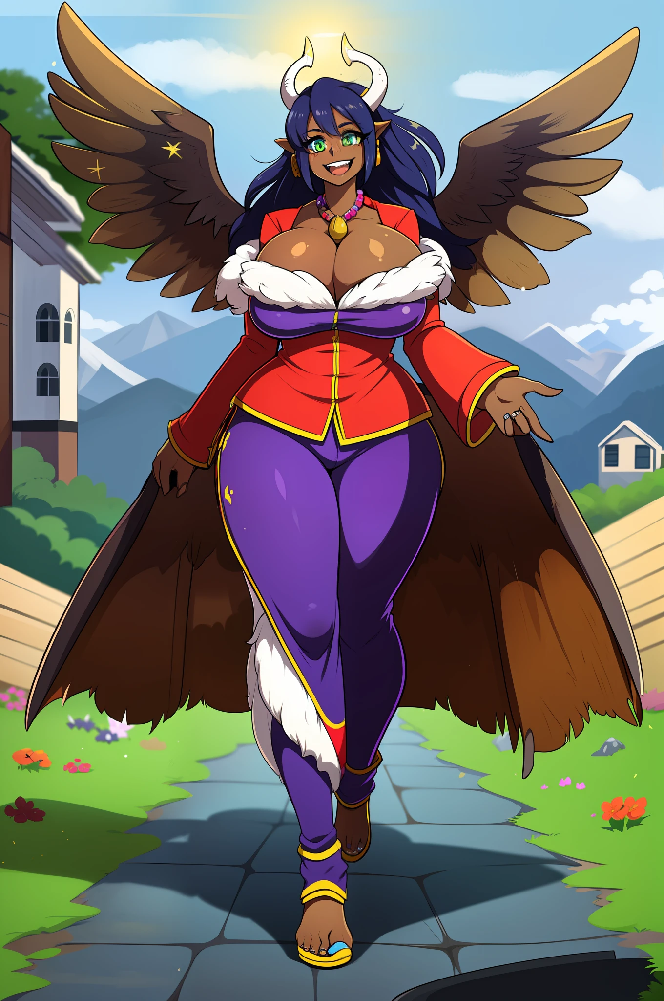monster girl, dark-skinned woman, big chest, wings, happy,, coat jacket, pants, portrait, 1character, full body, walking, long dress, medieval, village, farm