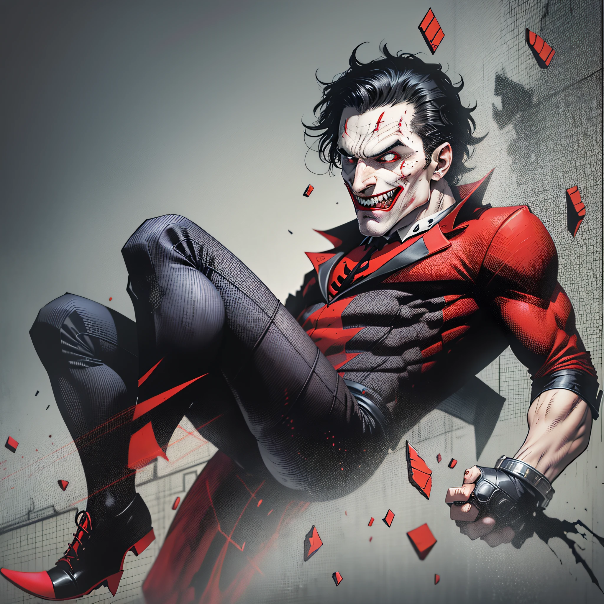 a man, black hair, pale face, red suit, black pants, social shoes, black eyes and pupils, red hat, one side of his mouth is completely torn showing his scary gums, super Villain, inspired by the joker, whole body, he is falling to the ground, expression of pain, pose turned on the left side, white background --seed2443844828