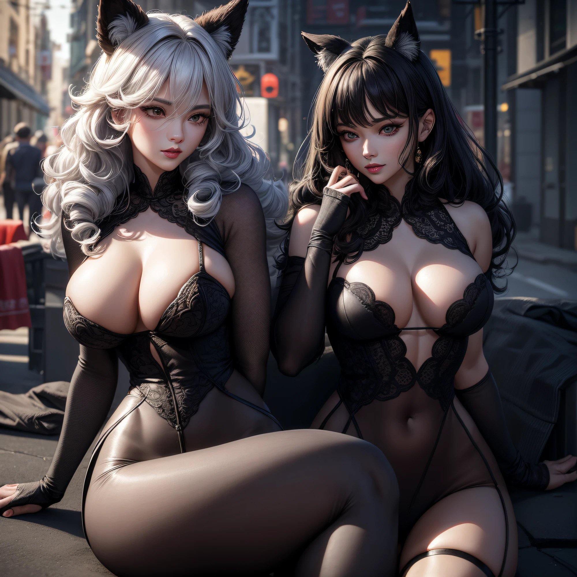 Very detailed CG unity 8k wallpaper, (masterpiece), (best quality), (super detailed), (ultra-realistic), (best character detail: 1.36), Nikon d750 f/1.4 55mm, dynamic angle, professional lighting, photon mapping, radiosity, physically based rendering, outdoor, busy street, looking at the audience, blushing, 1girl, mature woman, mature woman, tall body, golden ratio, (Kpop idol), (oil skin: 1.2), (oil skin:1.1), makeup,[:(high detailed face:1.2):0.2]:,PureErosFace_v1, ((curly gray hair and delicate style)), (aegyo sal:1), (puffy eyes), (eyelashes: 1.1), (lips: 1.1), red lipstick, broad shoulders, (mid-chest: 1.1), (cleavage: 1.1), animal ears, (big ass: 1.2), open thighs, white tights, Lie down