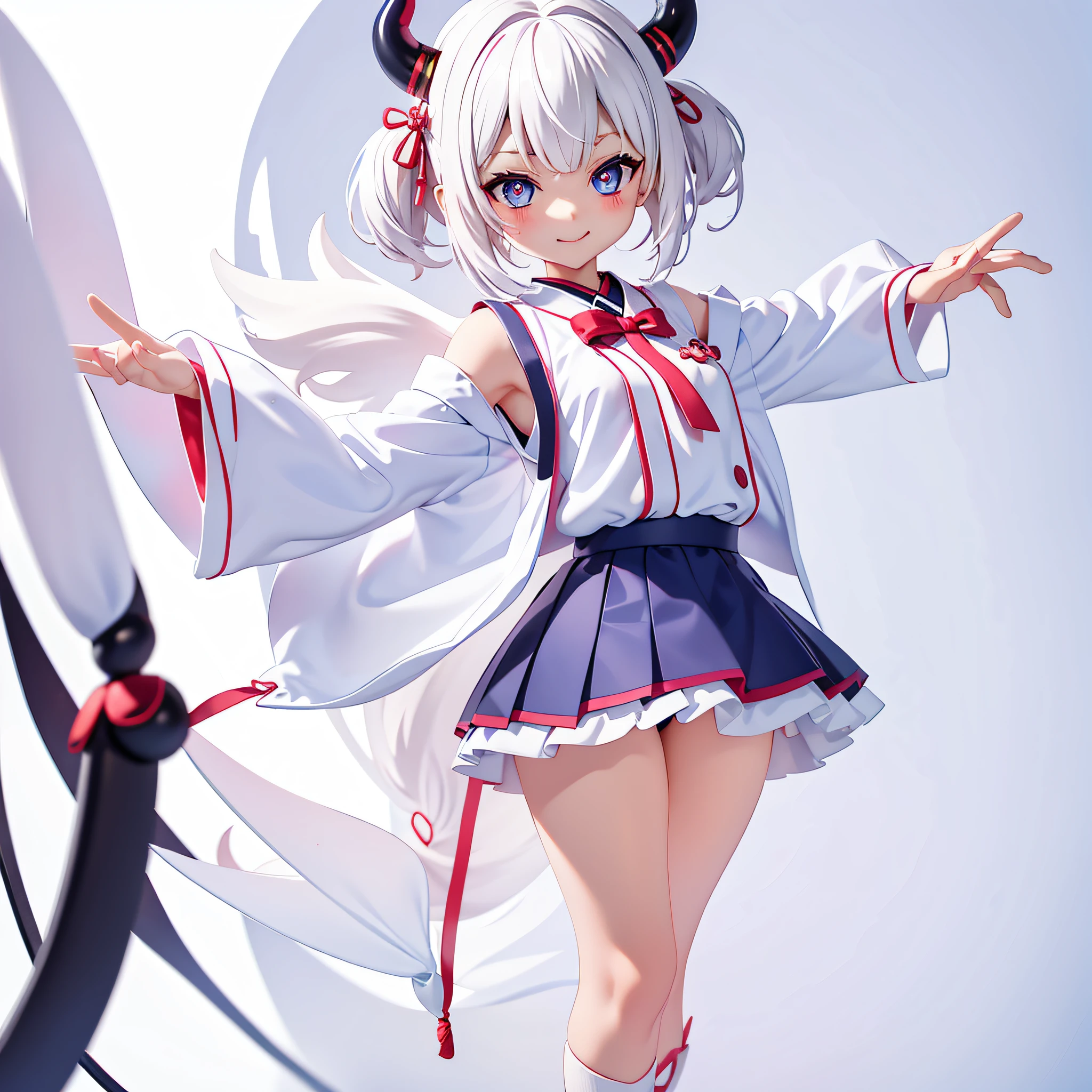 demon anime menida, white hair, short hair, with small horns, dark blue japanese school outfit anime, dark blue japanese school skirt anime, pink tie, pink socks, black skin, gray skin, dark skin, red and blue eyes, elf ears, girl, high school girl, small girl, cute, smile, cute pose, big eyes, small breasts, anime style, cute,  smiling, cute pose, 2d style,