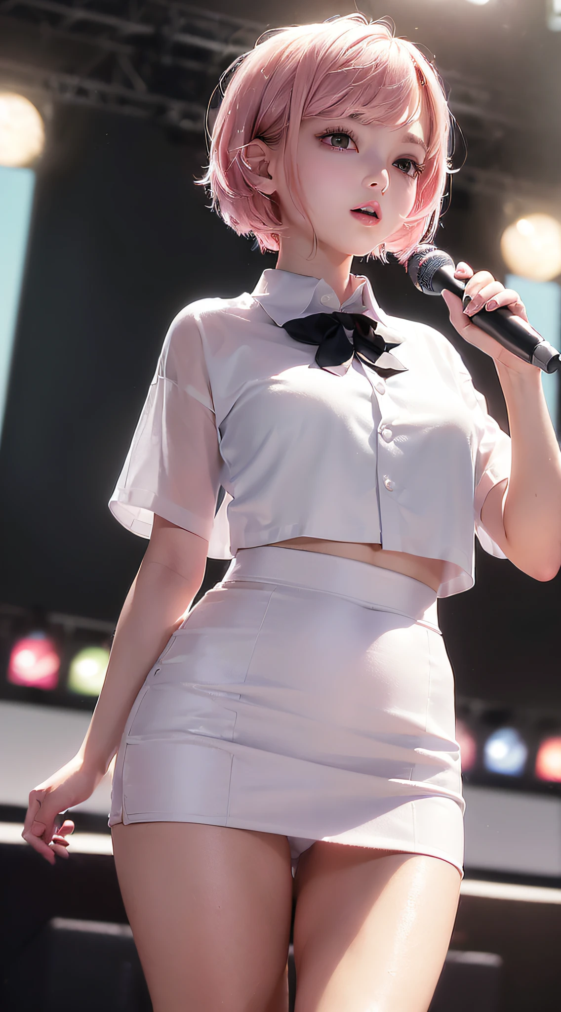 ((Masterpiece, Top Quality, 8k, Super Definition, High Definition, Realistic, Five Fingers, Korea),Solo, Beautiful Girl, Singing at a Concert, Short Hair, Shining Eyes, Perfect Eyes, 15 Years Old, Full Body, Collared Shirt, Mini Tight Skirt, Pink Hair, Long Legs, (Taken from below, white panties are clearly visible)