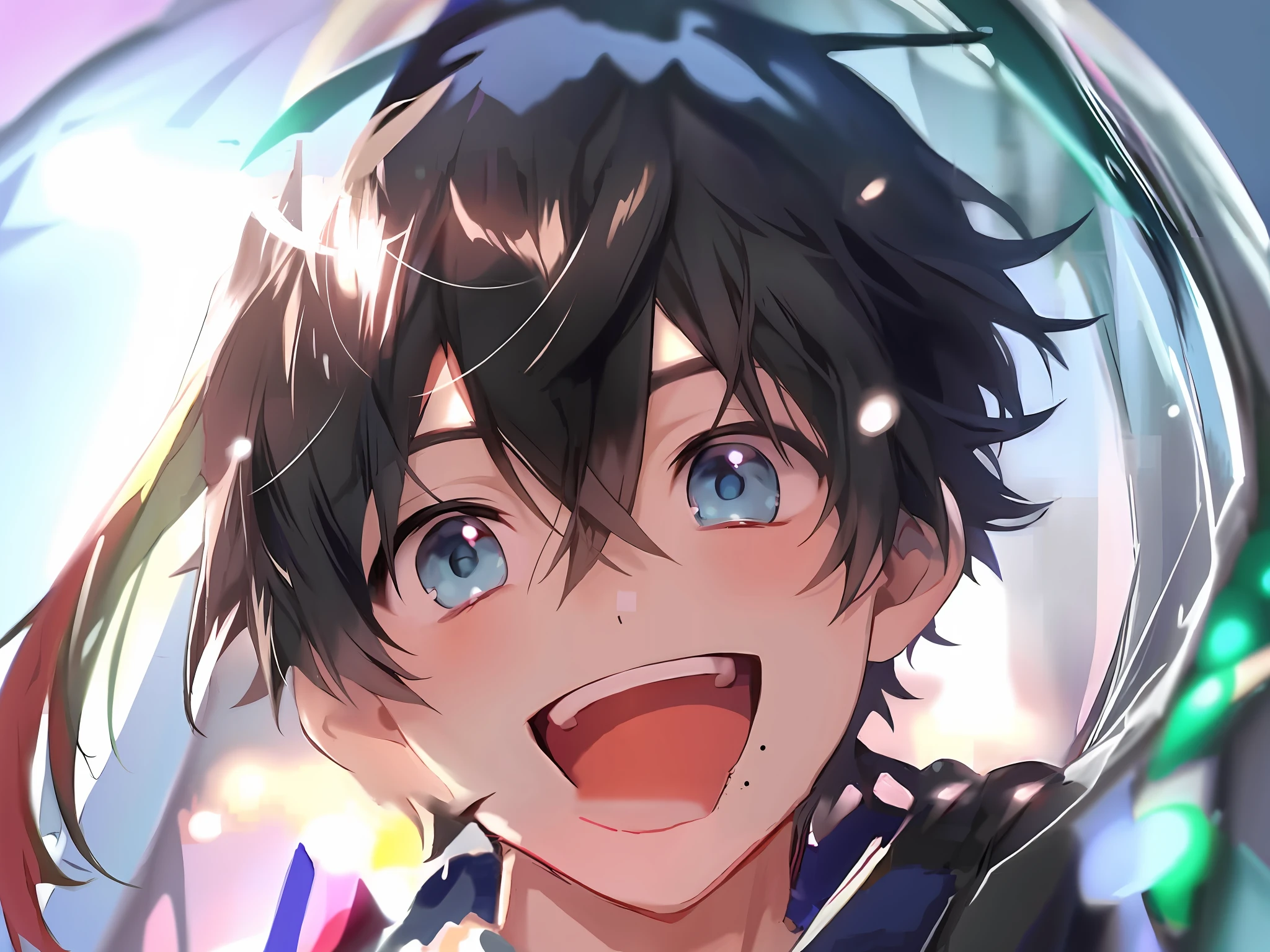 anime boy with blue eyes and black hair smiling in the rain, [[[[grinning evily]]]], cute anime face, grinning lasciviously, 8k!, anime boy, anime moe artstyle, perfect anime face, smileing nright, beautiful anime face, smiling amazed, high quality anime artstyle, he is smiling