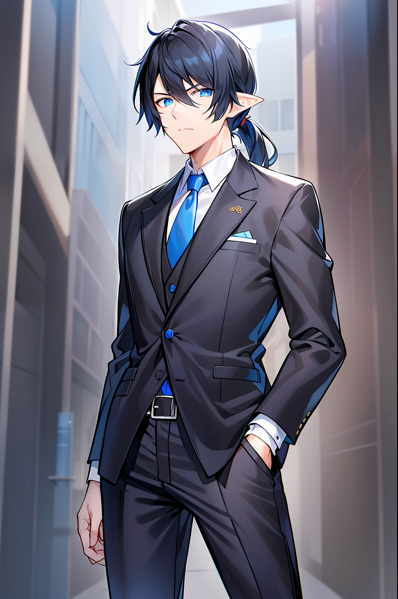 man, male, black hair, straight hair, low ponytail, bangs, blue eyes, pointy ears, black suit, black pants, blue tie, modern, portrait, masterpiece,