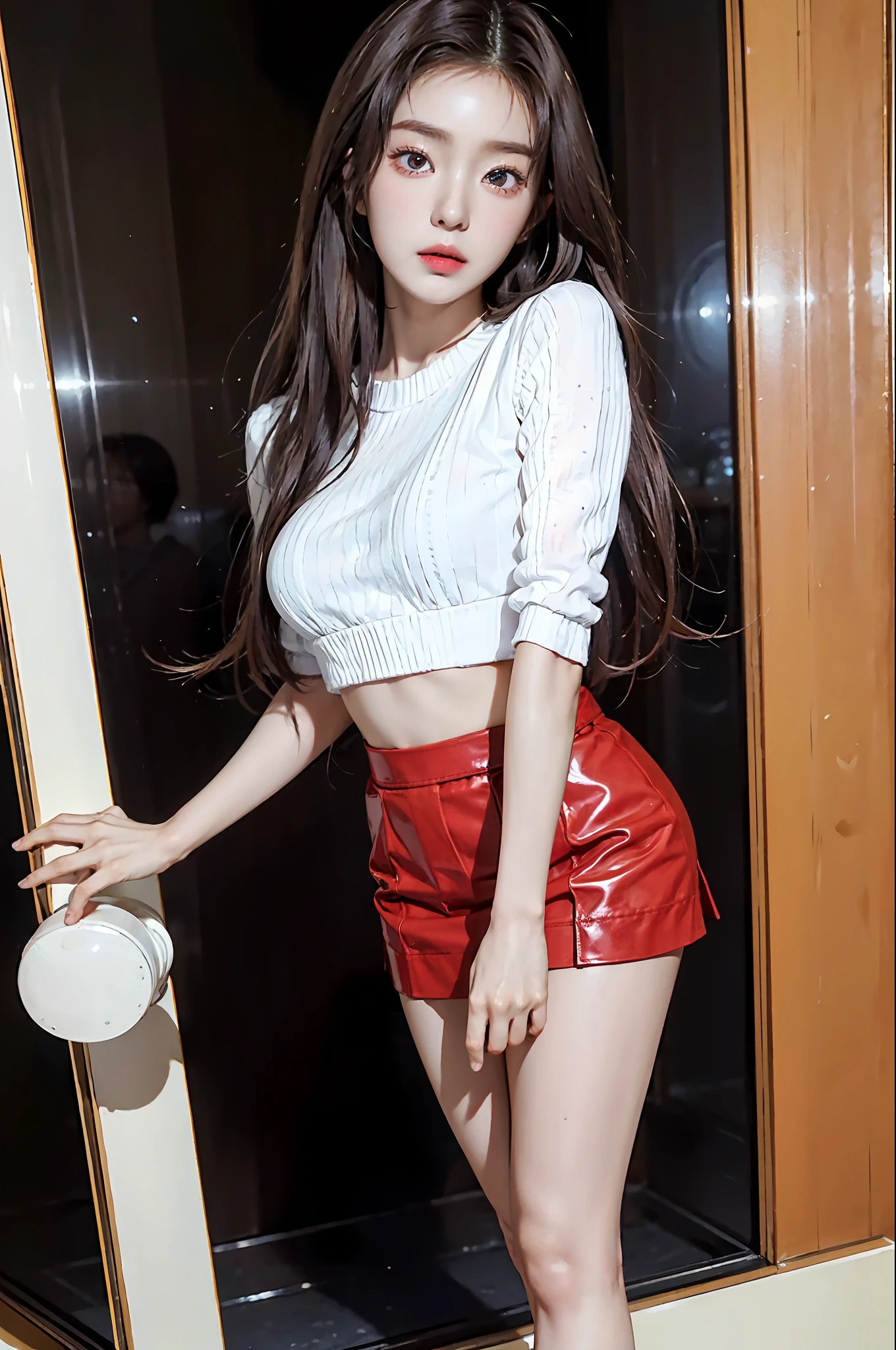 Masterpiece, best picture quality, one beautiful girl, detailed eyes, swollen eyes, brown hair, long hair, fair skin, cute, cute legs, short skirt, Japanese woman, Asian beauty, moonlight, strong eyes, professional lighting, bright lighting, double eyelids, slender, Japanese woman, Asian beauty,