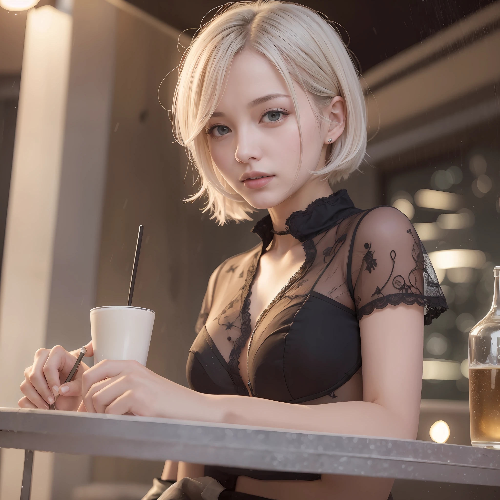 (8k, best quality, masterpiece:1.2), (realistic, photo-realistic:1.37), ultra-detailed, 1 girl, cute, solo, beautiful detailed sky, detailed cafe, night, sitting, dating, (nose blush), (smile:1.15), (closed mouth) small breasts, beautiful detailed eyes, (collared shirt:1.1), night, wet, business attire, rain, white lace, (short hair:1.2), floating hair NovaFrogStyle, topless,