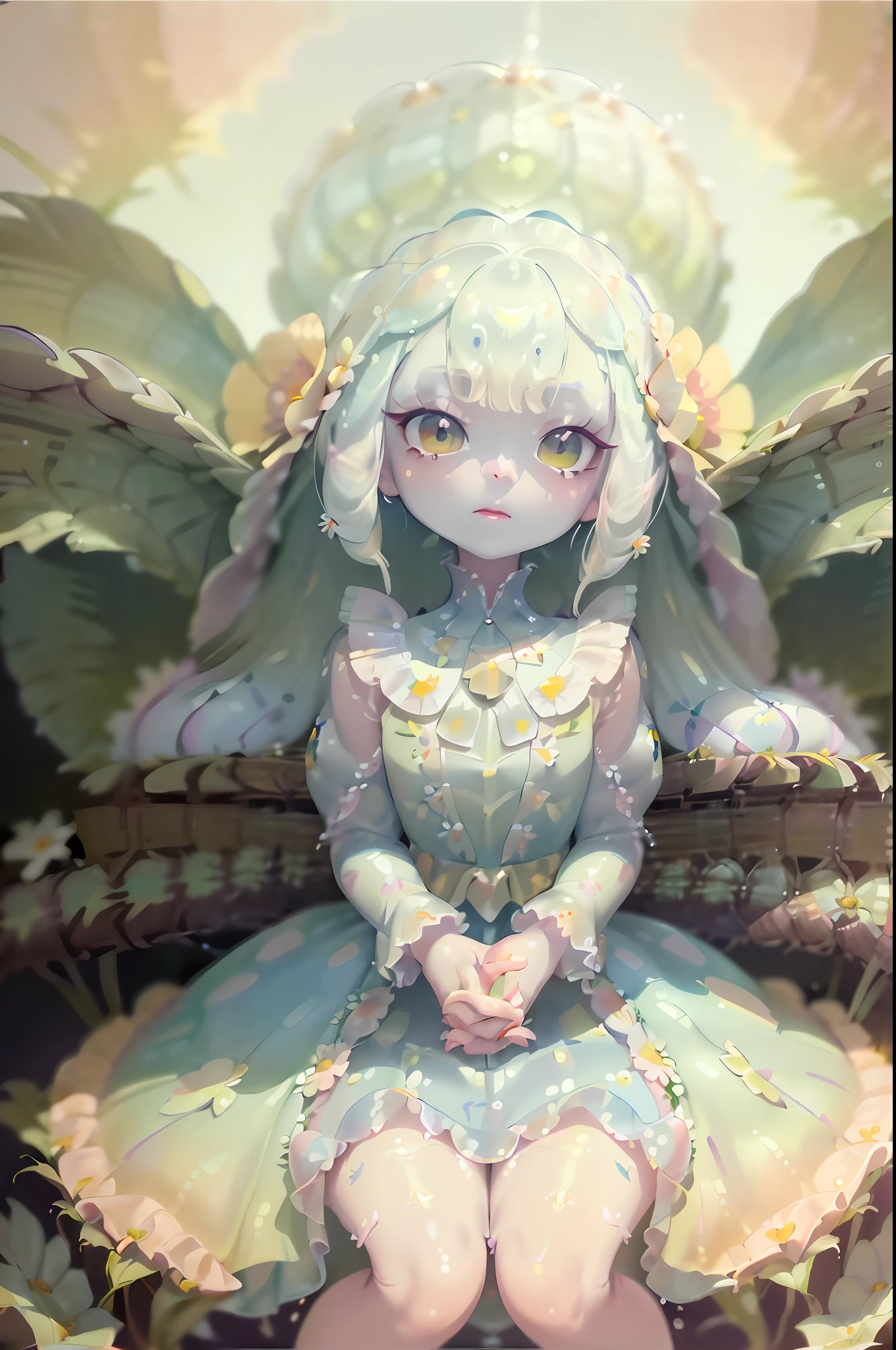 (best quality, masterpiece, portrait of the creature mix_primavera),(spring-theme, grass, flowers, full perspective),(natural lighting, soft shadows, soft colors),(large blue eyes),(multicolored hair: 1.3 red, 1.2 silver, purple, yellow),simplified white clothes,dreamy environment.