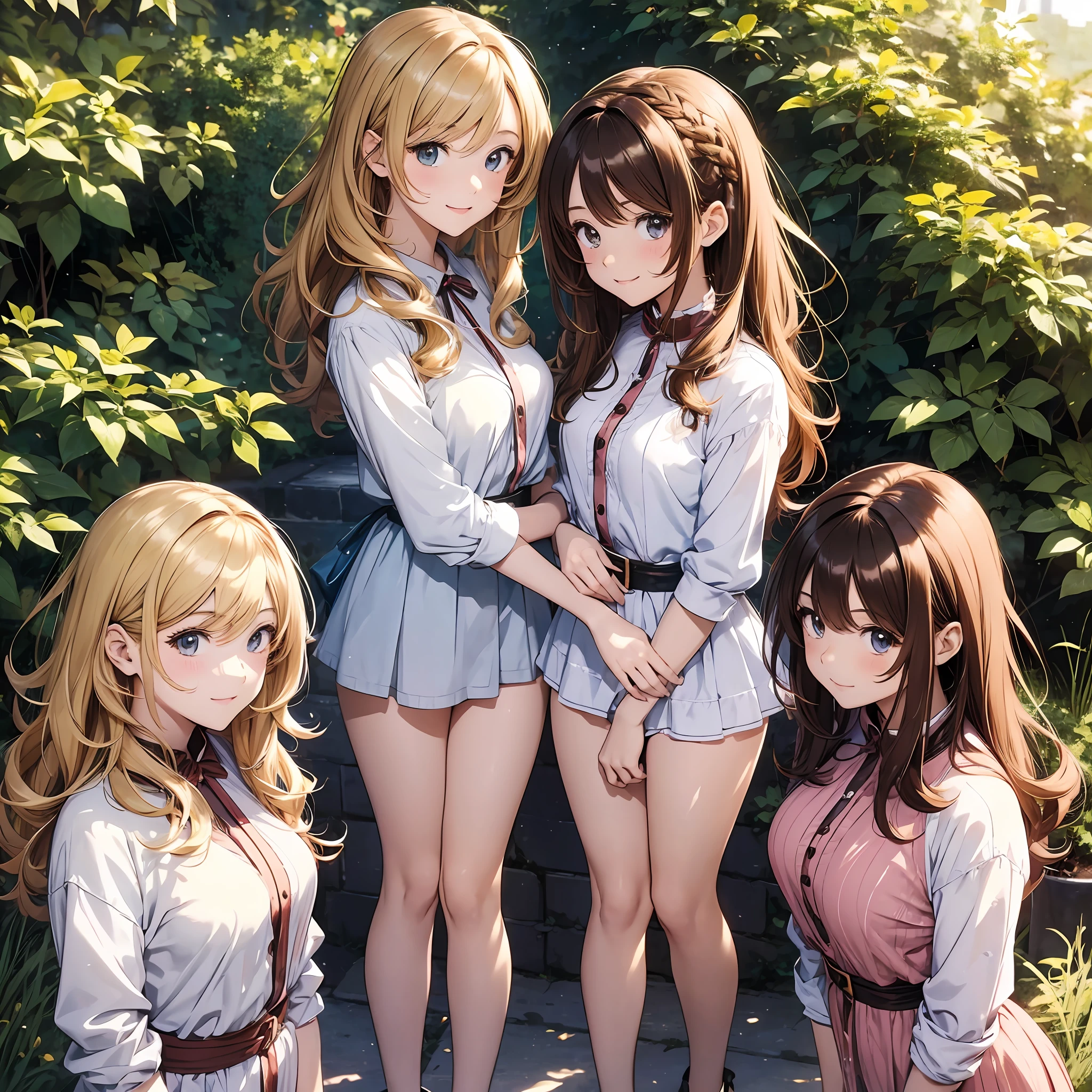 perfect anime illustration, 100girls, all girls are sisters, sisters crowded together, sisters in background, matching hairstyles, rich sisters, brown hair, blonde hair, curly hair, matching hairstyle, hazel eyes, smiling, ((matching outfits, casual clothes)), highres, full body