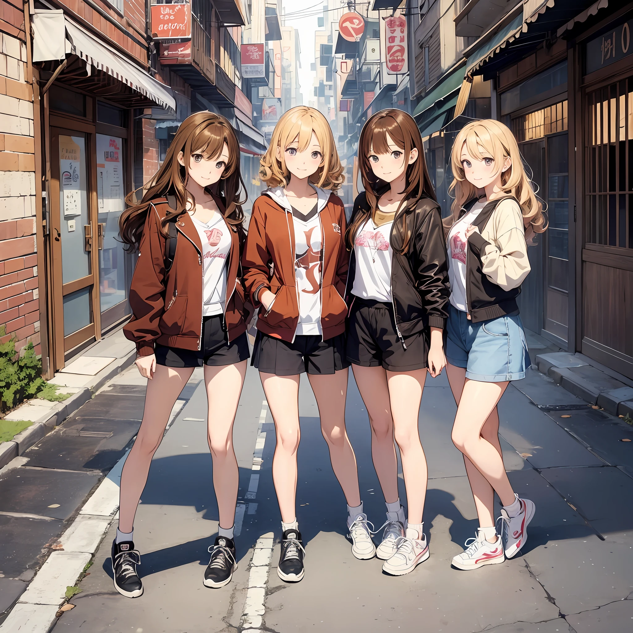 perfect anime illustration, 100girls, all girls are sisters, sisters crowded together, sisters in background, matching hairstyles, rich sisters, brown hair, blonde hair, curly hair, matching hairstyle, hazel eyes, smiling, ((matching outfits, casual clothes)), highres, full body