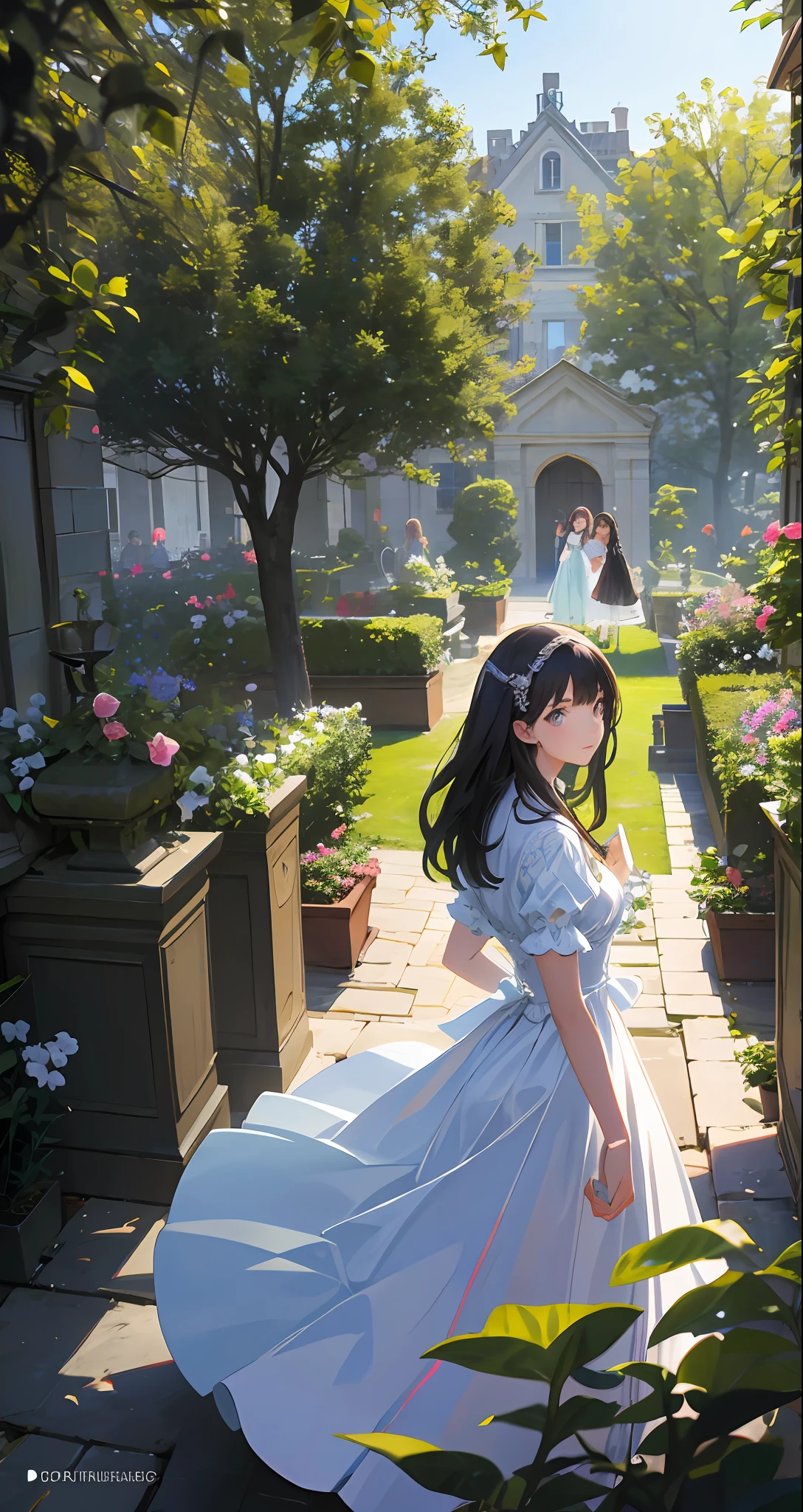 Masterpiece, best quality, movie stills, multiple girls playing in the garden