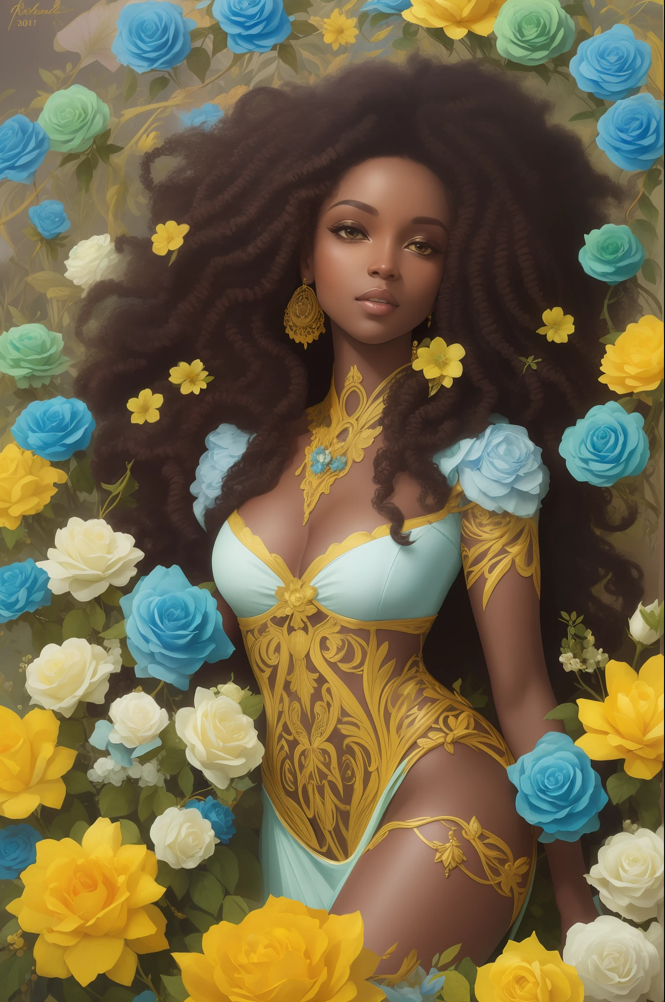 ((gorgeous ebony princess)), (with long flowing curly hair), (bright and beautiful honey eyes), trending on Art Station, flower of hope by Jean-Honor Fragonard, Peter mohrbacher, super detailed, crazy details , stunning sophisticated elite art nouveau ornate liquid wax elegant luxurious greg rutkowski ink style sticker vector art beautiful character design double exposure shot luminous design, winning entry, masterpiece, amoled (green and yellow and blue and white) roses background,