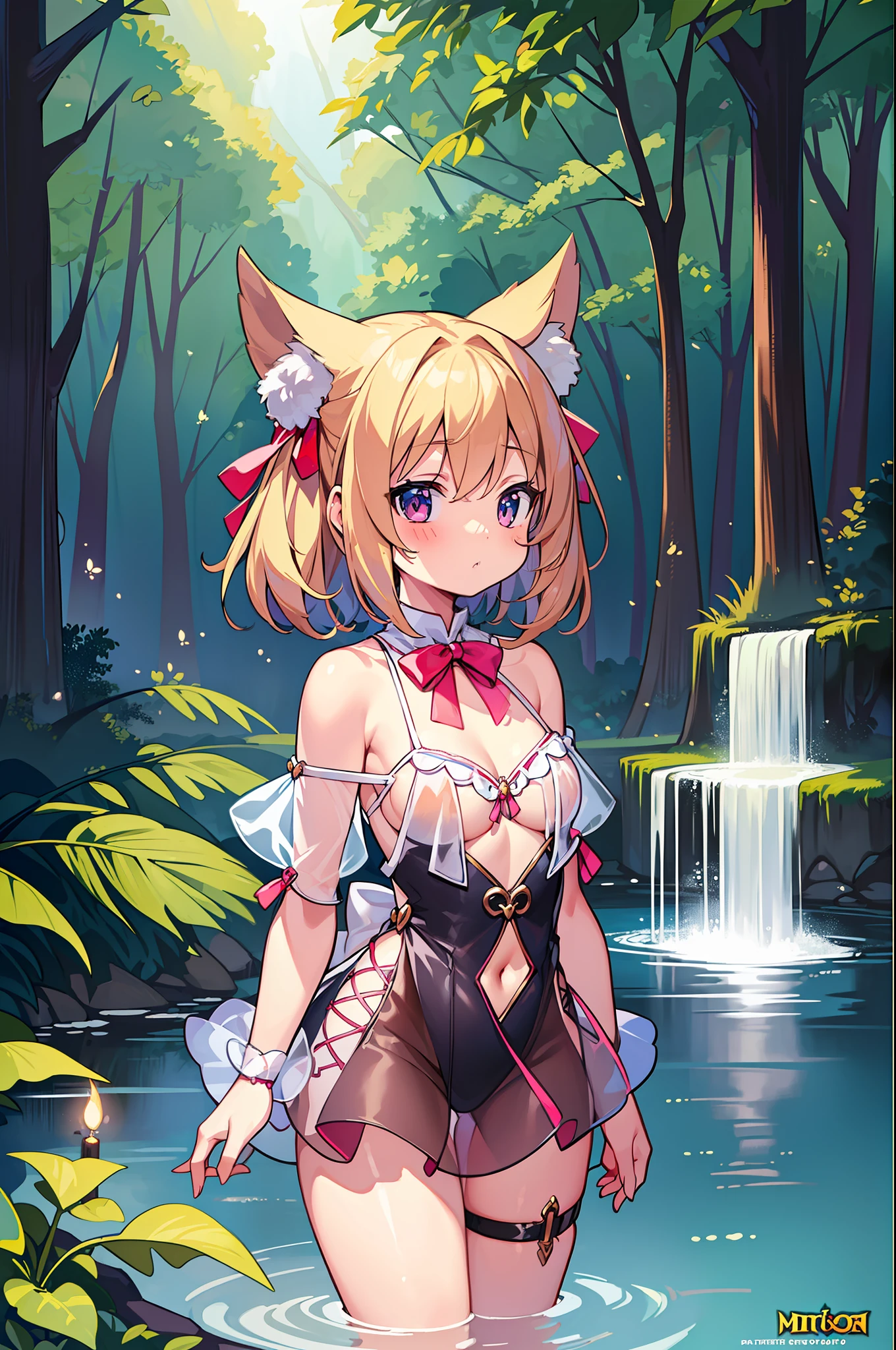 (MASTERPIECE), (Best Quality), (Ultra Detail), (Best Anatomy), Official Art, One Girl, Light-Colored Haired , Petite Little Girl, Magical Girl, See-Through Witch Costume, Small, Cleavage, Off Shoulder, Underboob, Side Boob, Thigh Focus, Navel Out, Hands Behind Body, Chest Stretched, Card Illustration, Deep Forest Fountain