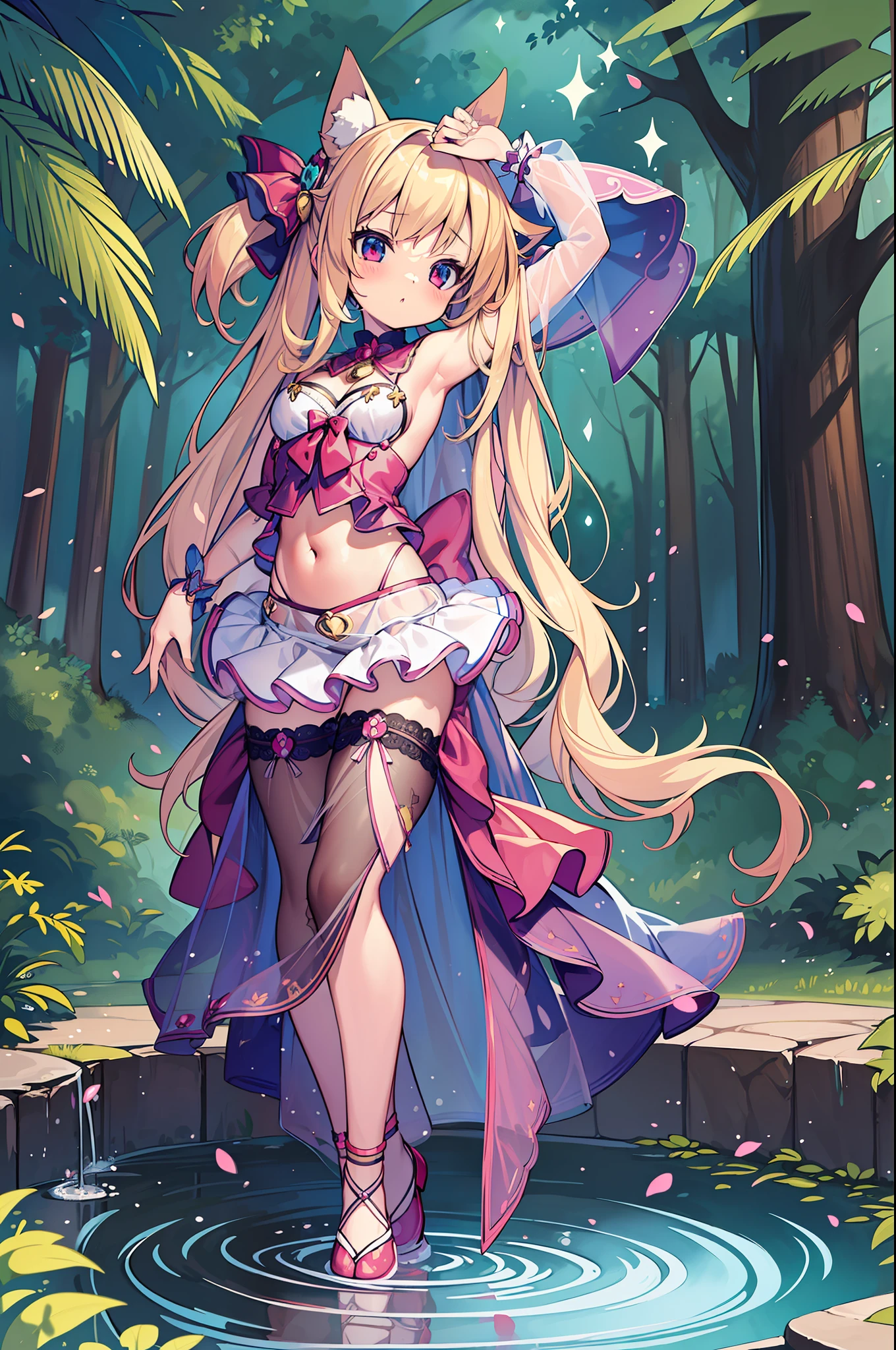 (MASTERPIECE), (Best Quality), (Ultra Detail), (Best Anatomy), Official Art, One Girl, Light-Colored Haired ****, Petite ***********, Magical Girl, See-Through Witch Costume, Small, Cleavage, Off Shoulder, Underboob, Side Boob, Thigh Focus, Navel Out, Hands Behind Body, Chest Stretched, Card Illustration, Deep Forest Fountain