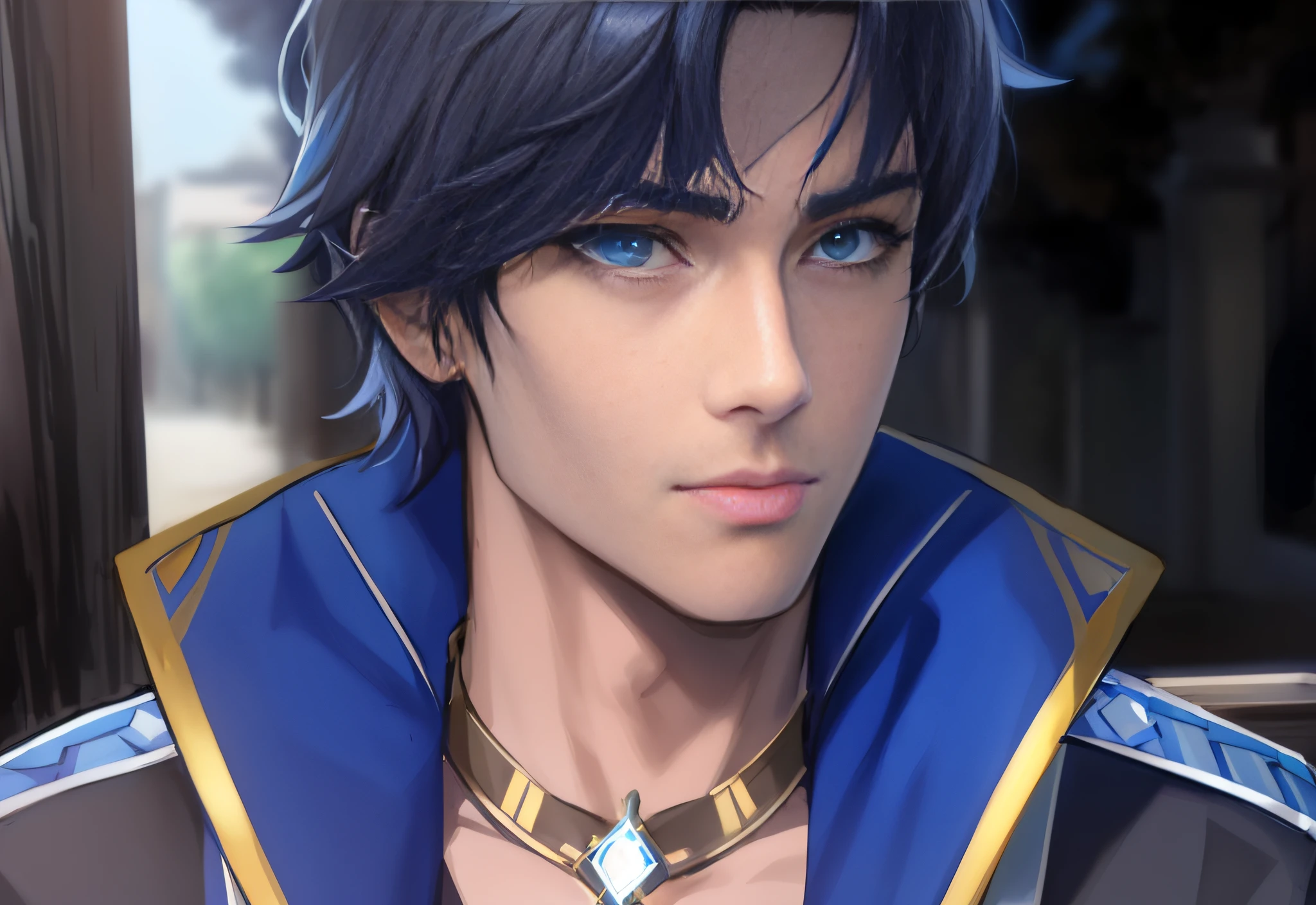 a close up of a man with a blue jacket and a necklace, anime handsome man, anime portrait of a handsome man, male anime character, handsome guy in demon slayer art, beautiful androgynous prince, handsome prince of persia, keqing from genshin impact, detailed digital anime art, realistic anime artstyle, zhongli from genshin impact