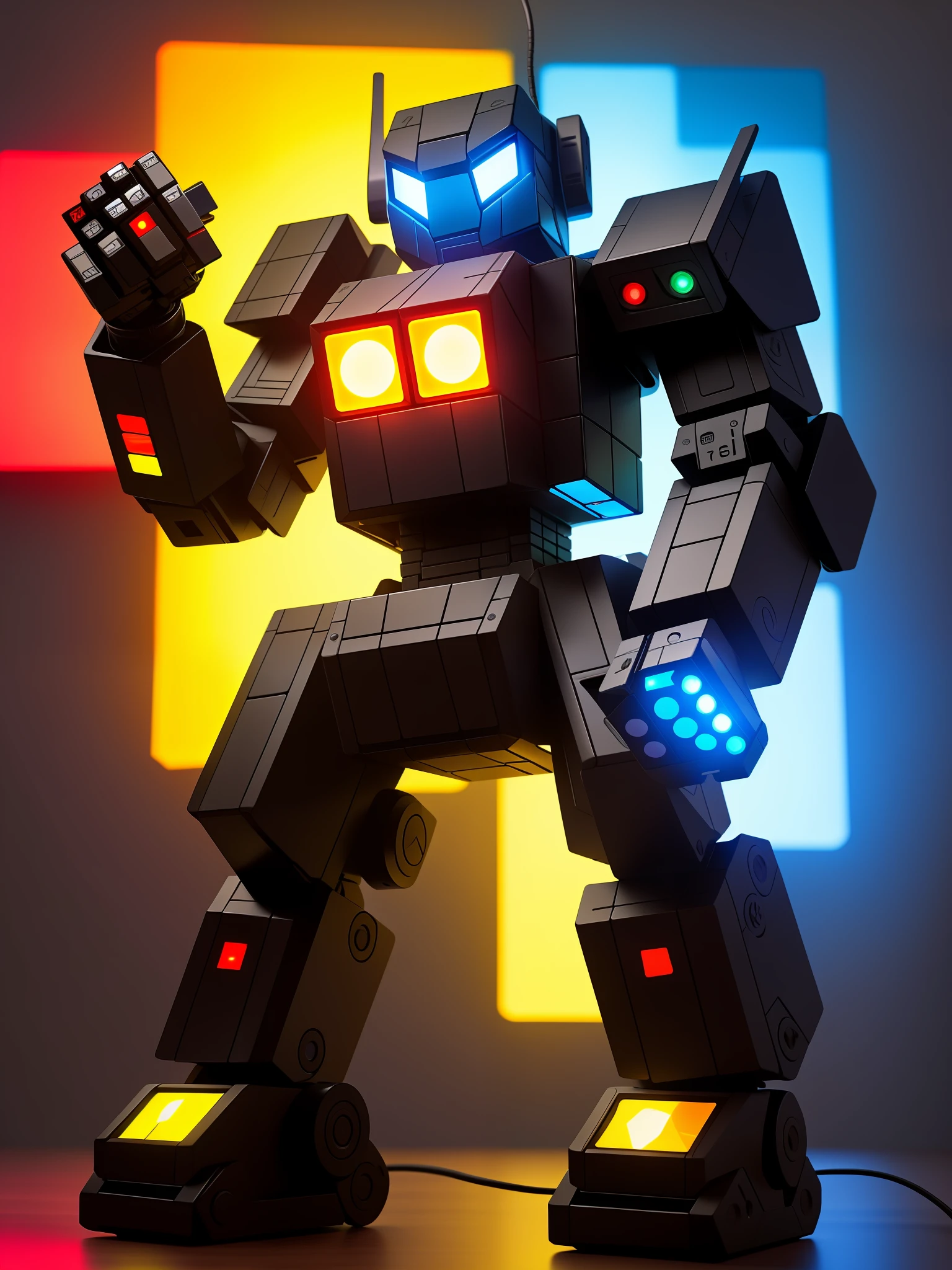 rubik's cube transformer, robot, futuristic, cyberpunk, traced lights, heavy details, strong shadows, cinematic, realistic, high details, tecnologic, table, wires in the background, ((scratches)), cute, small