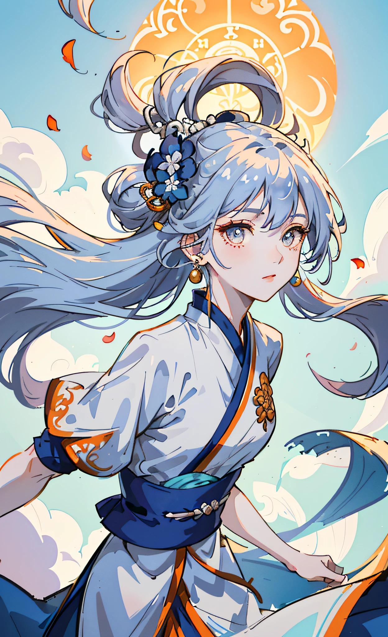 Mature girl, orange eyes, blue-white hair color, floating hair, delicate and flexible eyes, intricate damask hanfu, gorgeous accessories, wearing pearl earrings, fov, f/1.8, masterpiece, ancient Chinese architecture, blue sky, flower petals flying, front portrait shot, Chang'e, side lighting, sunlight on people, 8K