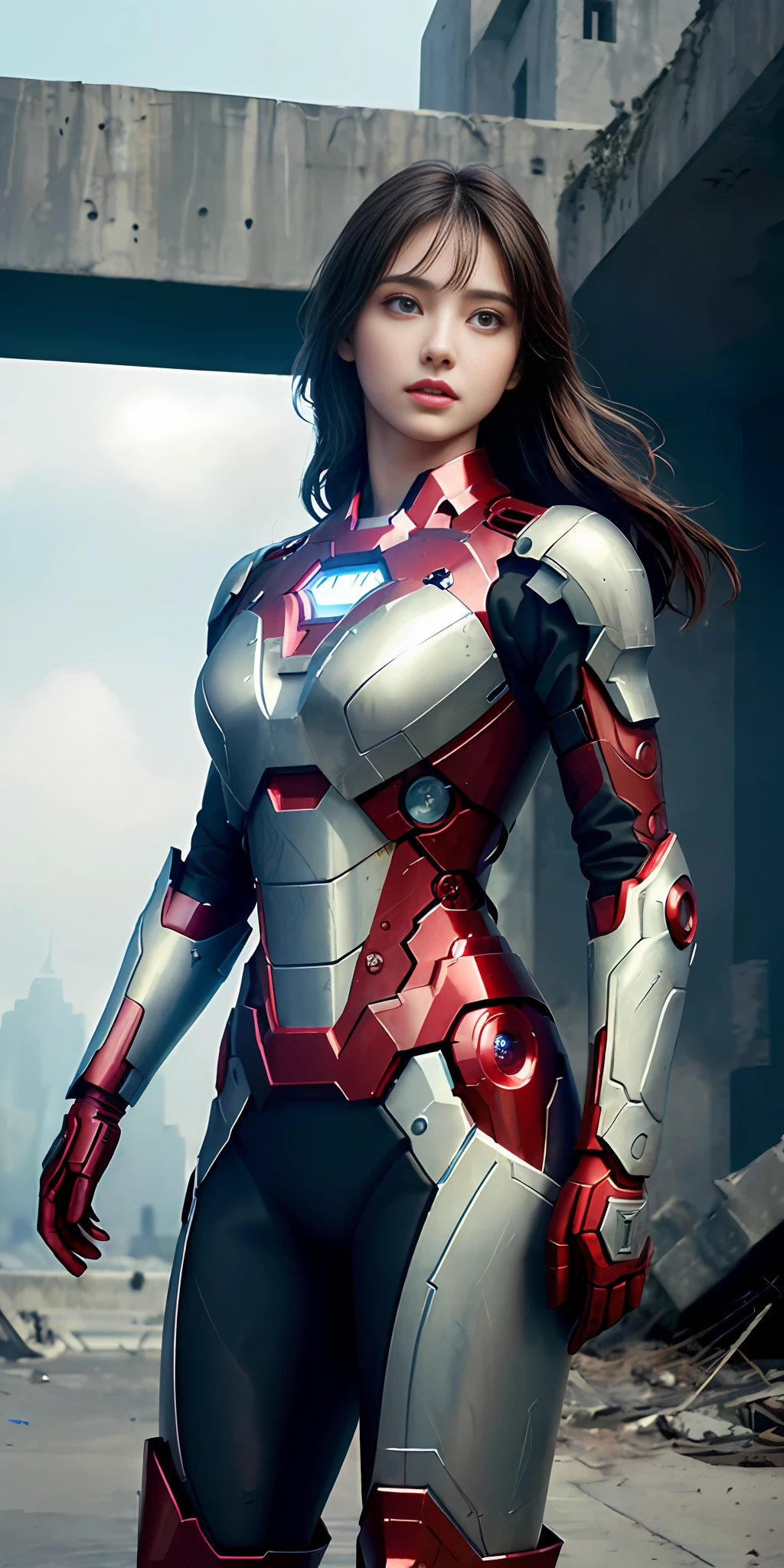 (1girl:1.3), Solo, (((Very detailed face)))), ((Very detailed eyes and face)))), Beautiful detail eyes, Body parts__, Official art, Unified 8k wallpaper, Super detailed, beautiful and beautiful, beautiful, masterpiece, best quality, original, masterpiece, super fine photo, best quality, super high resolution, realistic realism, sunlight, full body portrait, amazing beauty, dynamic pose, delicate face, vibrant eyes, (from the front), She wears an Iron Man suit, red and black color scheme, war armor, very detailed war ruins background, detailed face, detailed complex busy background, messy, gorgeous, milky white, highly detailed skin, realistic skin details, visible pores, clear focus, volumetric fog, 8k uhd, DSLR, high quality, film grain, fair skin, photo realism, lomography, futuristic dystopian megalopolis, seen from below, translucent