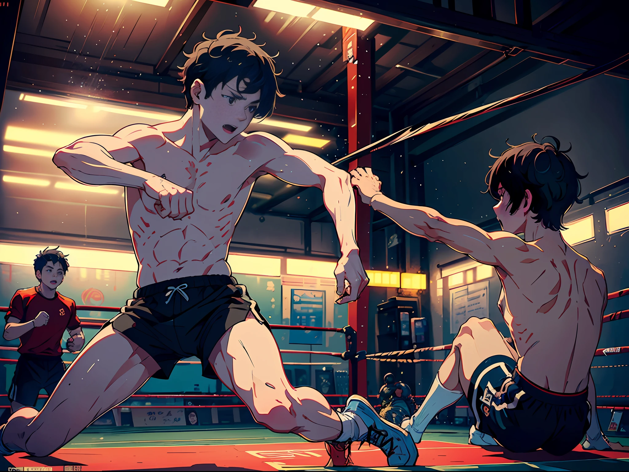 Inside the boxing gym, two boys are fighting, (fighting posture: 1.5), (one of the boys is beaten to the ground: 2.0), (one of the boys is injured lying on the ground: 2.0), one of the boys is thrown to the floor, (fighting each other and falling to the ground: 1.8) The two boys are dressed in white, short black hair, the camera is mainly characterized by the upper body, in the Loepfe art style ((Xinhai City), popular in CGStation, Xinhaicheng H 2160, inspired by Bian Shoumin, New sea city, Kavasi, Guwitz style, high quality pictures, 4K, 8K, resolution,
