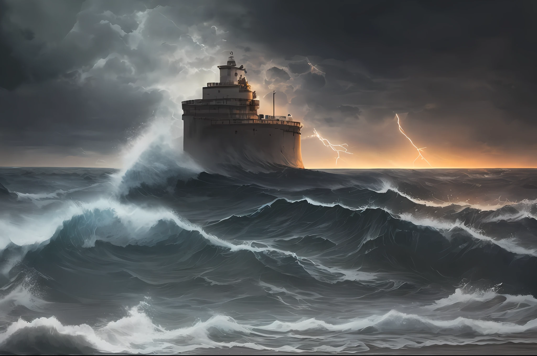 Dark painting of a stormy beach with a naval fort, big waves, lightning, dark clouds, ultra realistic, 2560x423