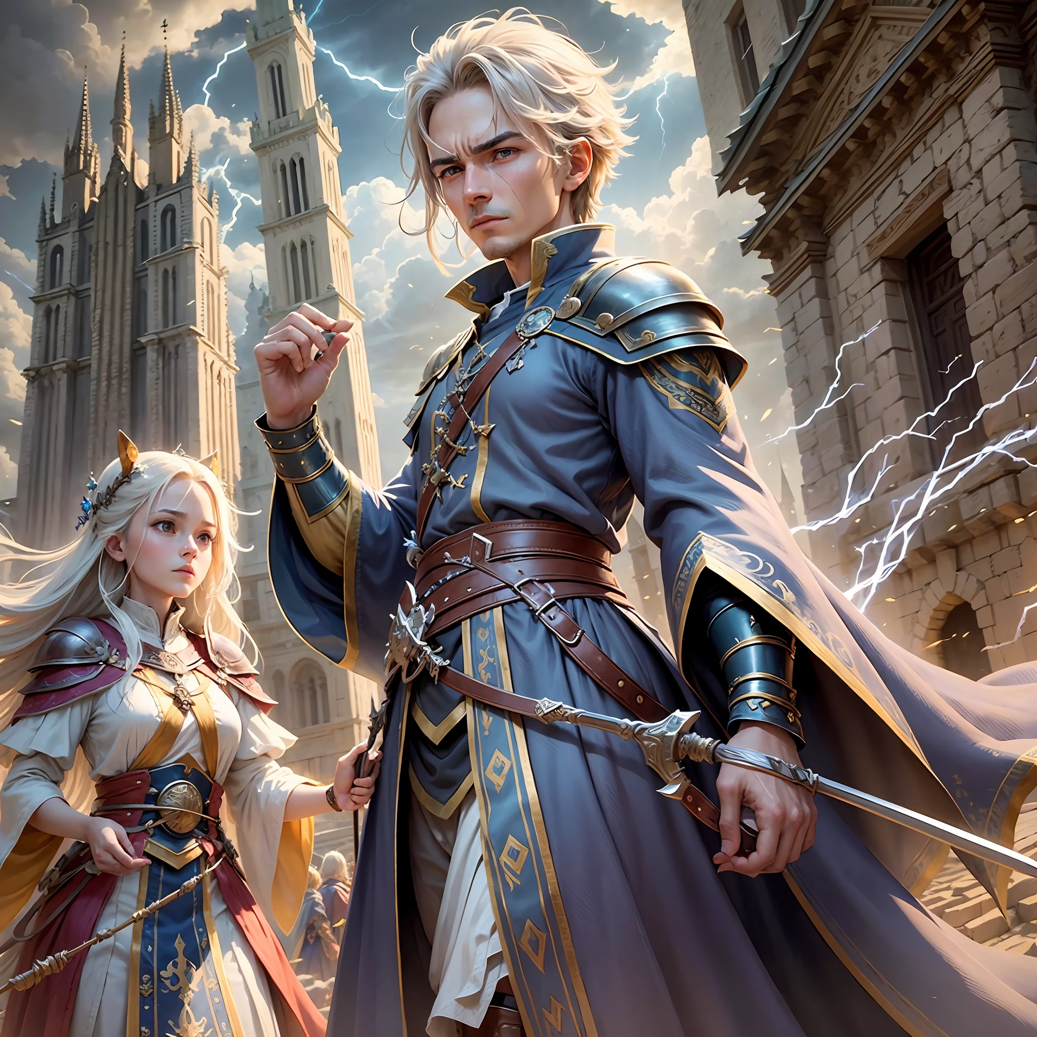 Step 1 - Scene: This is a magical scene with multiple characters in it. The scene features magnificent epic cinematic style buildings and landscapes, including towers, city walls, bridges, meadows, and lakes. There are mysterious clouds and lightning in the sky, as well as the flow and flickering of magical energy.
Step 2 - Labels (relational, noun, verb):
Characters: Many people, male, female, elderly, young
Clothing: magical decorations, ancient costumes, armor, robes, cloaks, boots
Architecture: walls, towers, bridges, palaces, shrines, meadows, lakes
Sky: Clouds, lightning, magical energy
Items: magic staffs, swords, bows and arrows, shields, magic crystals, books
Actions: casting, fighting, running, jumping, flying, resting, talking, thinking, observing
Step 3 - tag:
Characters: Multiple characters, male, female, elderly, young
Clothing: magical decoration, ancient attire, armor, --auto --s2