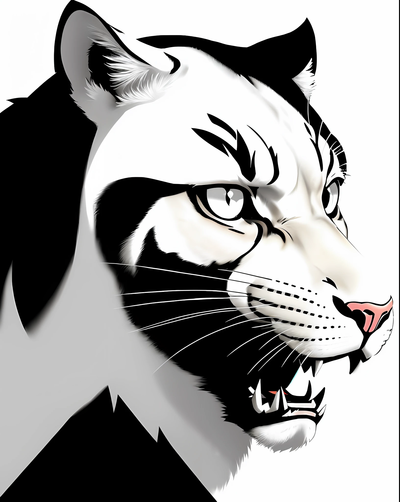 A closeup of a Panther head, white outline, black outline, logo without text, thick black line, black and white logo, cougar, smooth black lioness, black backround. inkscape, created in Adobe Illustrator, growling, injury mane,