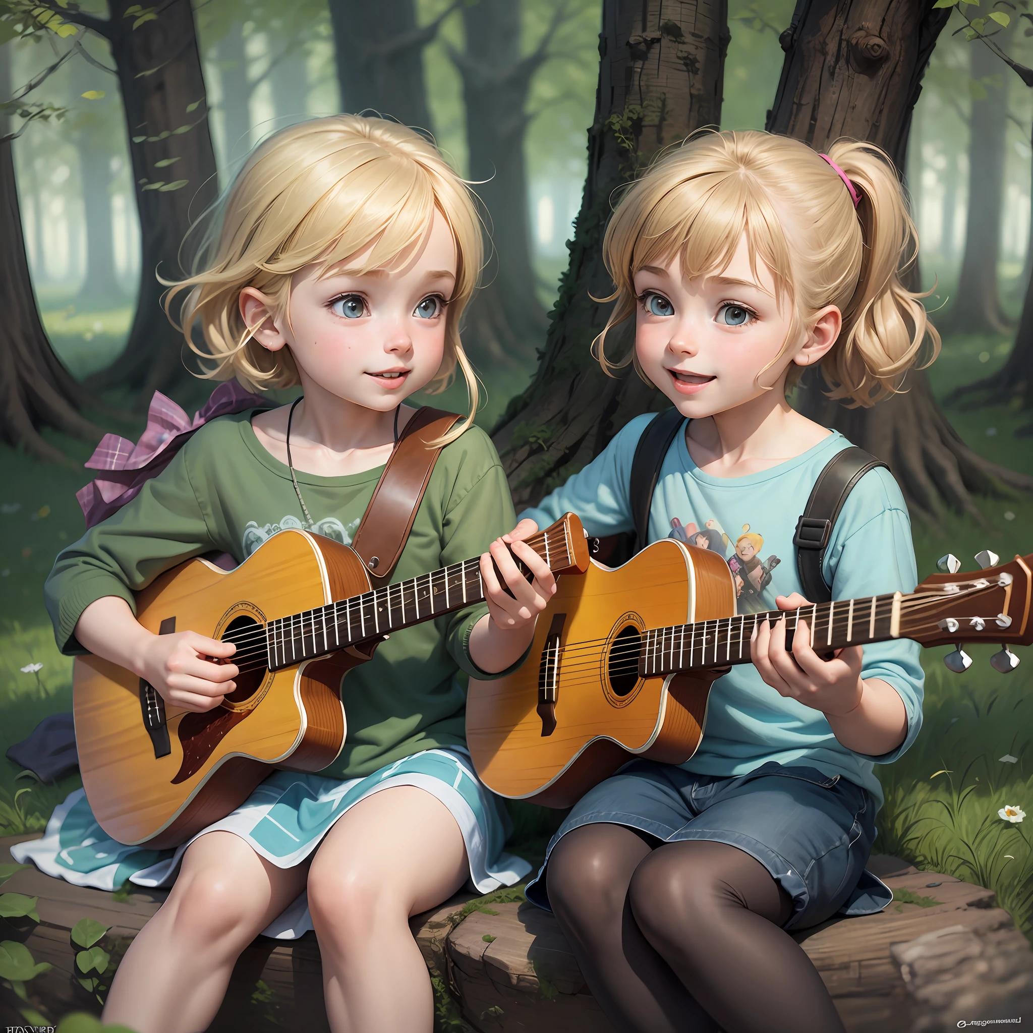 painting of two children, a blonde girl and a brown-haired boy, cheerful, happy, looking at each other with a look of brotherhood, love, boy playing guitar in a forest, 3d drawing of friends, by Craig Davison, by Elaine Hamilton, playing little viola, by Orshi Drozdik, in the style of Shrek movie, animated film still, 3D animated film still, Lovely disney pixar digital painting, by Eugeniusz Zak, cute art, by Nándor Katona, masterpiece, high quality. --auto --s2