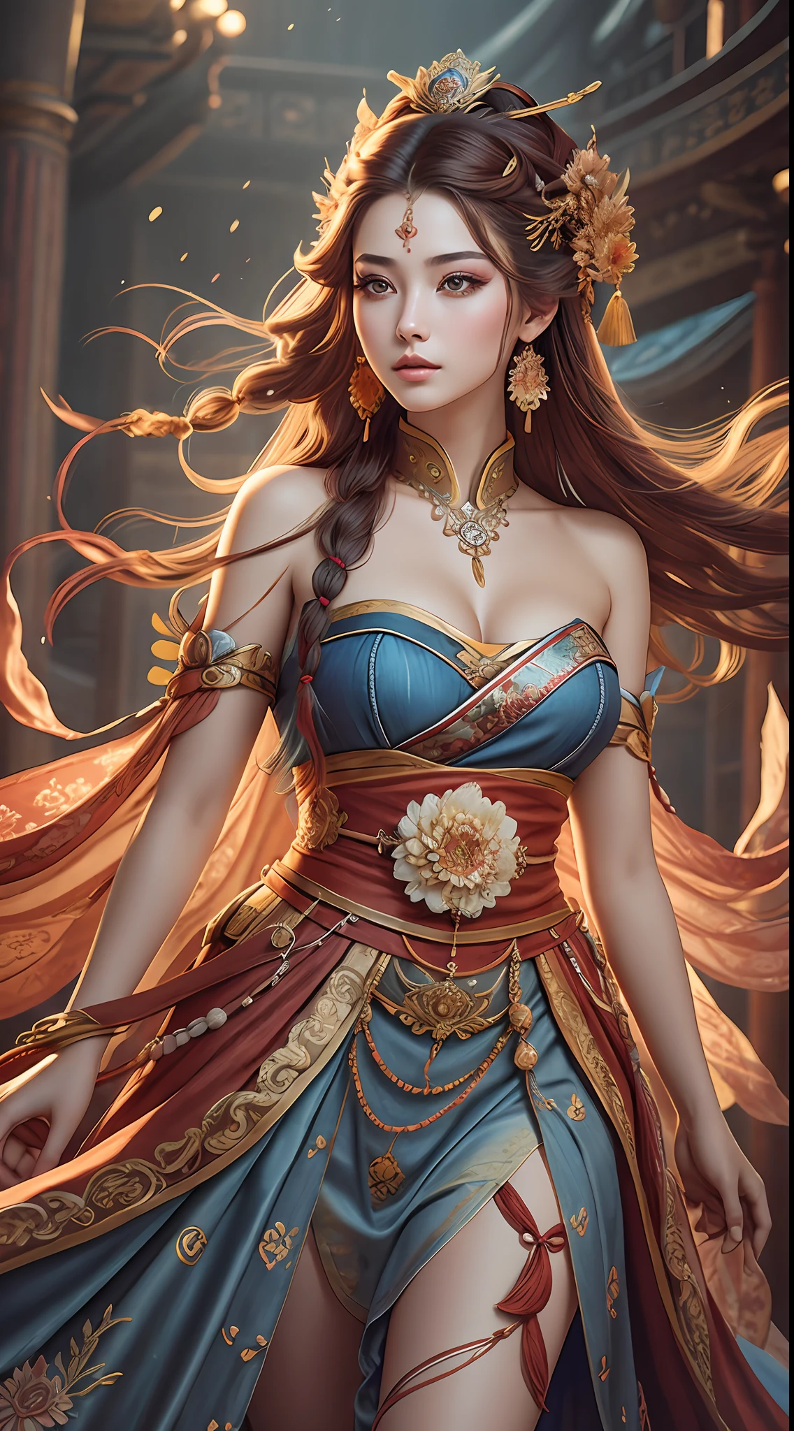 Best quality, masterpiece, ultra-detailed high resolution, (realistic: 1.4), original photos, illustrations,
1 Girl standing with a weapon, full body photo (solo: 1.2), (denim lens: 1.2), (hair crown: 1.2), Chinese Dunhuang traditional costume, strapless, (red eyeliner: 1.2), (: 1.4), earrings, dynamic angle, opera house, messy_long_hair, ink, movie lighting, lens_flare, velvet, chrysanthemum, tassel, ribbon, color embroidery,