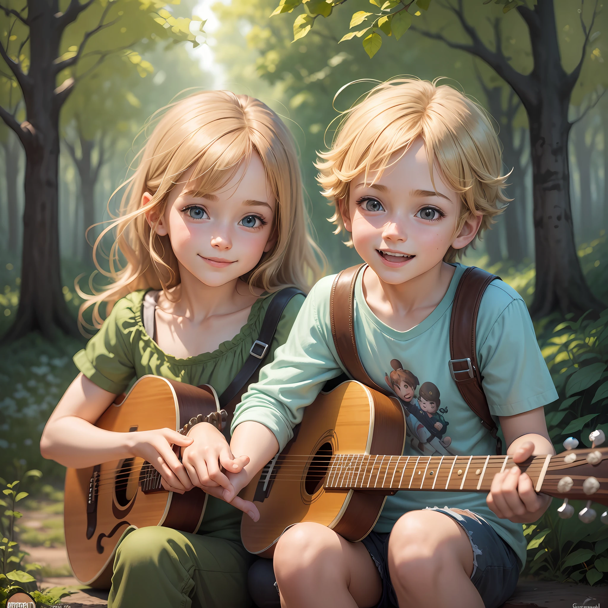 painting of two children, a blonde girl and a brown-haired boy, cheerful, happy, looking at each other with a look of brotherhood, love, boy playing guitar in a forest, 3d drawing of friends, by Craig Davison, by Elaine Hamilton, playing little viola, by Orshi Drozdik, in the style of Shrek movie, animated film still, 3D animated film still, Lovely disney pixar digital painting, by Eugeniusz Zak, cute art, by Nándor Katona, masterpiece, high quality. --auto --s2
