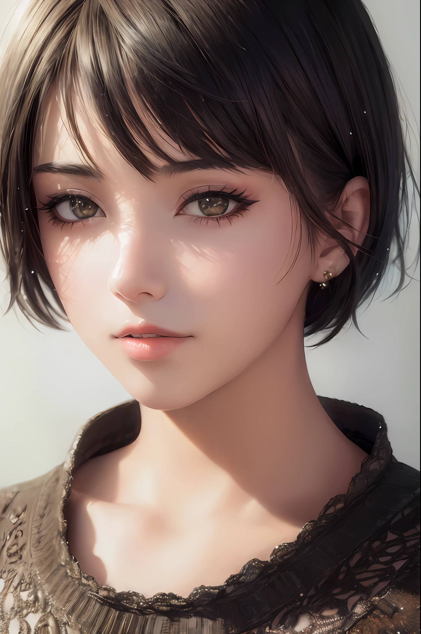 (masterpiece:1.3), (8k, photorealistic, RAW photo, best quality: 1.4), (1girl), cat eye makeup, inner eyes highlighter, smoky eye, Winged Eyeliner, thick eyelash, long eyelash, Eyeliner, eye shadow, beautiful face, (realistic face), (black hair, short hair:1.3), (beautiful hairstyle, realistic eyes, sparkly eyes, beautiful detailed eyes, glowing eyes), (realistic skin), beautiful skin, shy, (sweater), absurdres, attractive, ultra high res, ultra realistic, highly detailed, golden ratio