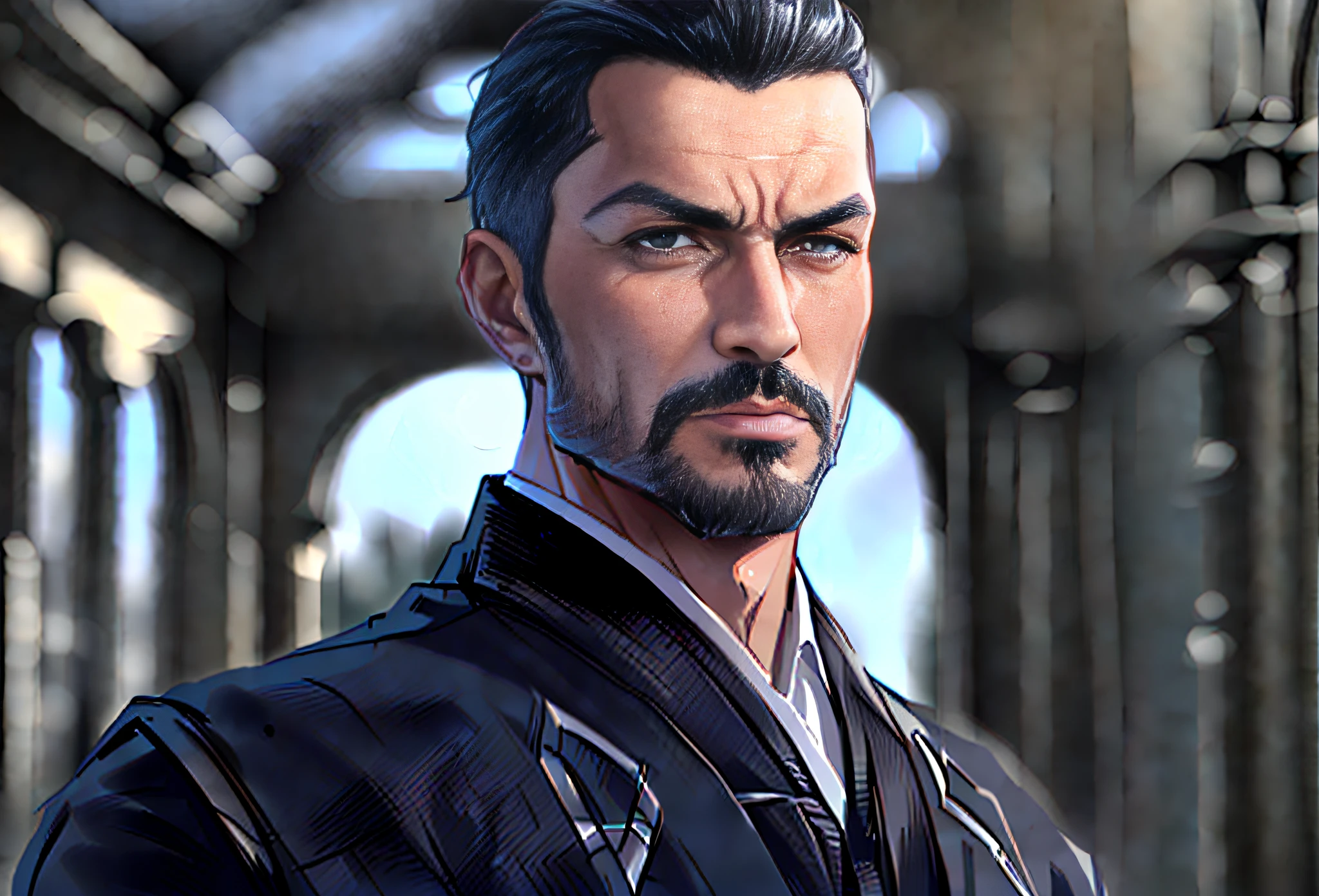 there is a man with a beard and a black jacket, portrait of adam jensen, anime portrait of a handsome man, handsome man, unreal 5. rpg portrait, character portrait closeup, detailed character portrait, inspired by Fujishima Takeji, anime handsome man, character art portrait, sharp looking portrait, character portrait art, masayoshi suto and artgerm