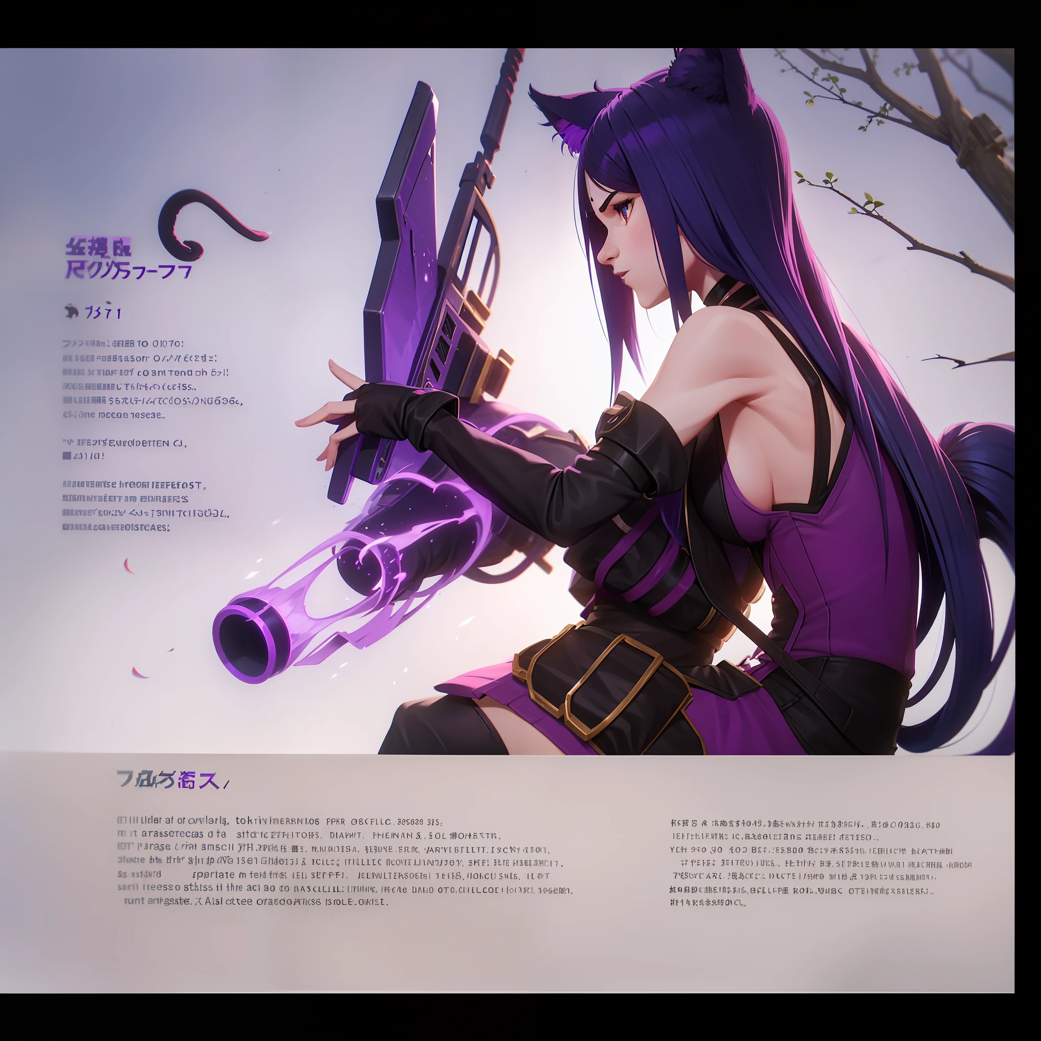 A , Shoulders Long Hair, Purple Hair, Small Purple Cat Ears, A Purple Cat Tail, Assassin Clothing, Amine Style