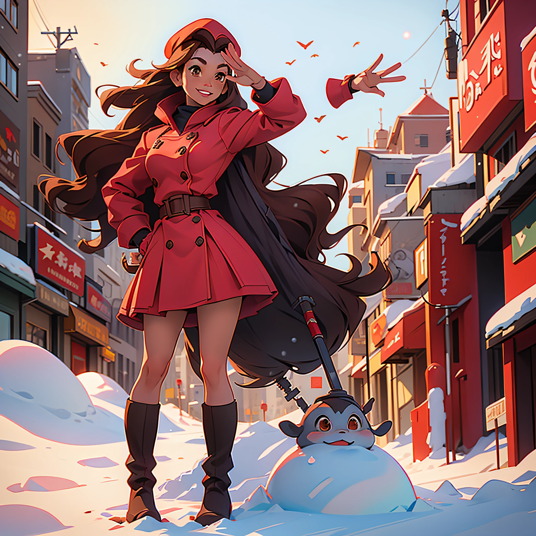 25 years, woman wearing dress with buttons, red dress, snow, no gloves, face, bust, brown hair, brown eyes, cold, communist woman, smiling, waving, wearing boots, long socks, thigh highs, cold cap, realistic, city in the background