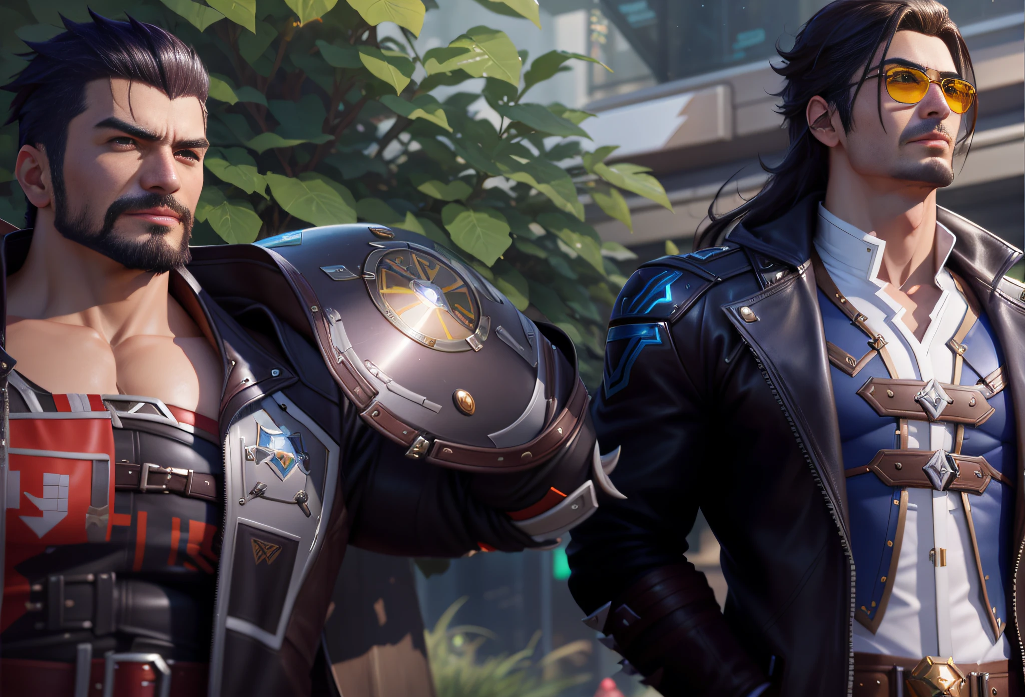 two men in leather jackets standing next to each other, sylas, ross tran and bayard wu, artgerm and genzoman, wlop and sakimichan, jin shan and ross tran, hanzo from overwatch, medium shot of two characters, yiqiang and shurakrgt, from overwatch