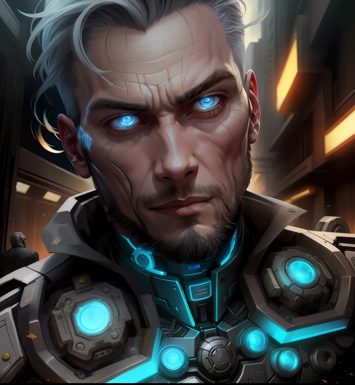 A cybernetic man in the range of 27 years old, muscular stereotype, with cowboy hat (mechanical parts: 1.5), fighting, bright eyes, short hair, tight supersuit torn, in a destroyed city, smoke and fire, aura of brilliant power, dynamic pose, dynamic vision, hyper detailed, 8k quality, with tattoo on the arm, mechanical roman watch on the chest, merge images, hyper realism. Enjoy original photo base, mechanical and human bust. With gray goatee and gray hair.