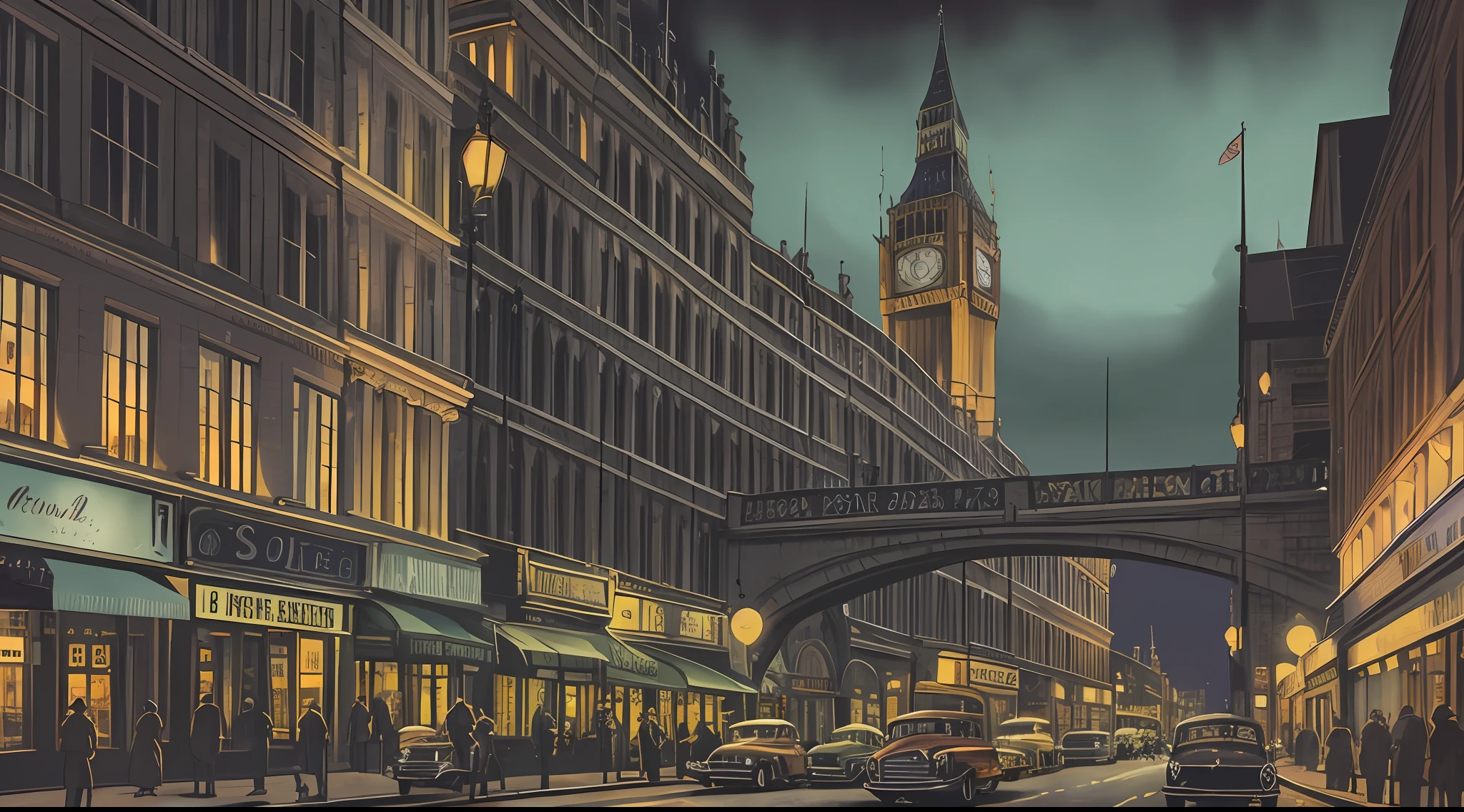 1950's detective noir pulp magazine, landscape of london bridge at night in mid-20th century, high details, masterpiece