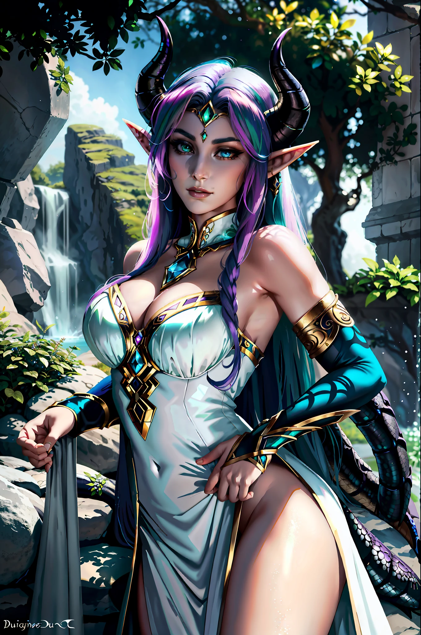 tyrande whisperwind, elegant elf woman, beautiful, high definition artwork, realistic, tiefling woman, 1girl, black dragon horns, black dragon tail, outdoors, nature, plants, demon horns, soft colours, soft colors, high detail, white revealing dress, high detailed face, beautiful face
