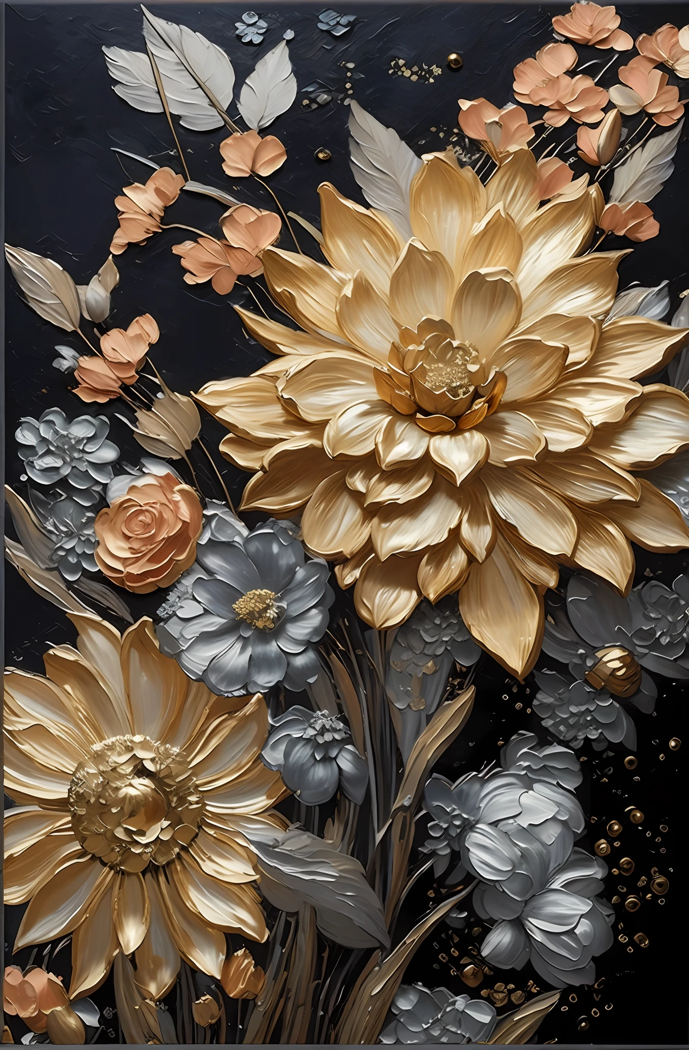 There is a painting of flowers with silver leaves, gold flowers, hydrangeas and morning glory, flowers and gold, gilded reliefs, detailed flowers, gorgeous flowers, golden flaky flowers, intricate flowers, chaotic gold leaf flowers, detailed 4K oil painting, stunning and rich details, gilded. Floral, floral. Baroque elements, intricate oil paintings