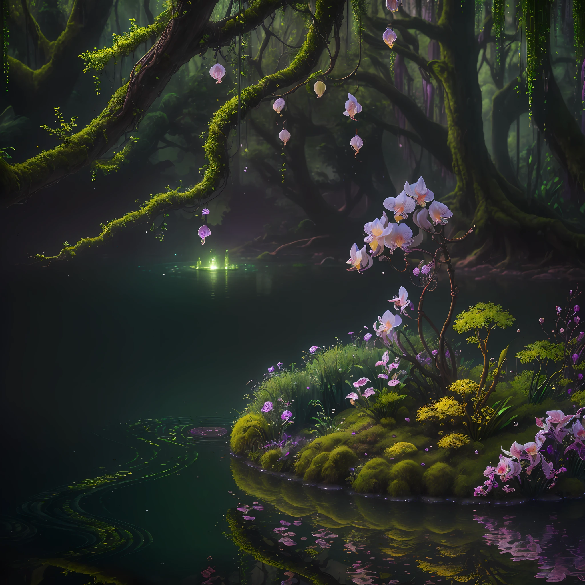 Computer Visualized Graphics, Realistic Fantasy, Extensive Landscape Ultrasound Photography (General View Showing Water, Reflection, Roots Braiding the Glass, Orchid Inside, Tree, Moss), Blurred Background, Gloomy, Yellow, Green, Purple Background, Pink, Warm, Magic --auto --s2