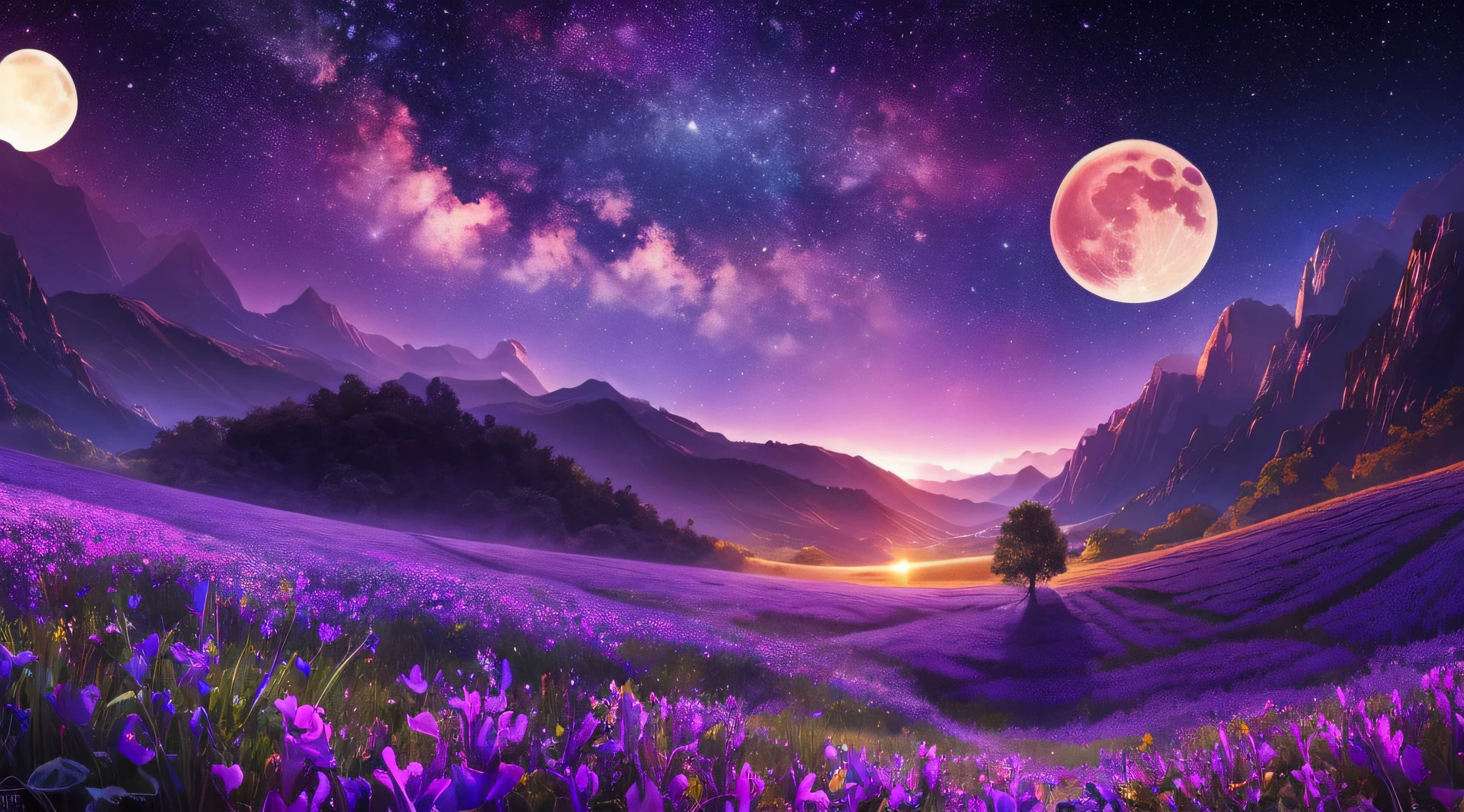 expansive landscape photograph , (a view from below that shows sky above and open field below), a girl standing on flower field looking up, (full moon:1.2), ( shooting stars:0.9), (nebula:1.3), distant mountain, tree BREAK
production art, (warm light source:1.2), (Firefly:1.2), lamp, lot of purple and orange, intricate details, volumetric lighting, realism BREAK
(masterpiece:1.2), (best quality), 4k, ultra-detailed, (dynamic composition:1.4), highly detailed, colorful details,( iridescent colors:1.2), (glowing lighting, atmospheric lighting), dreamy, magical, (solo:1.2) --auto --s2