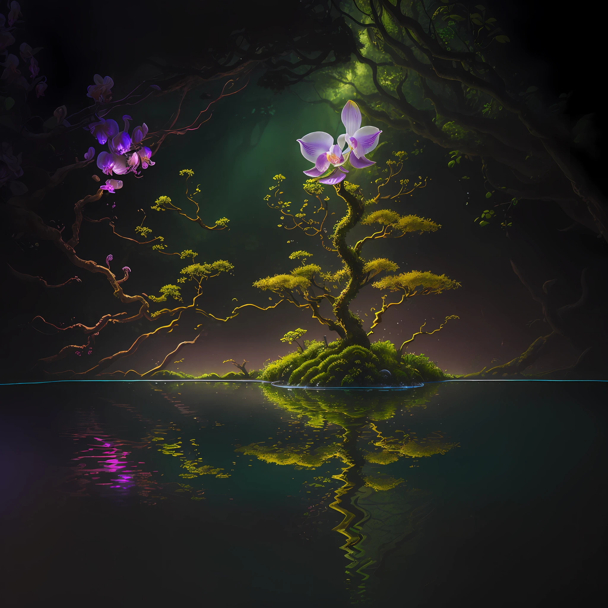 Computer Visualized Graphics, Realistic Fantasy, Extensive Landscape Ultrasound Photography (General View Showing Water, Reflection, Roots Braiding the Glass, Orchid Inside, Tree, Moss), Blurred Background, Gloomy, Yellow, Green, Purple Background, Pink, Warm, Magic --auto --s2