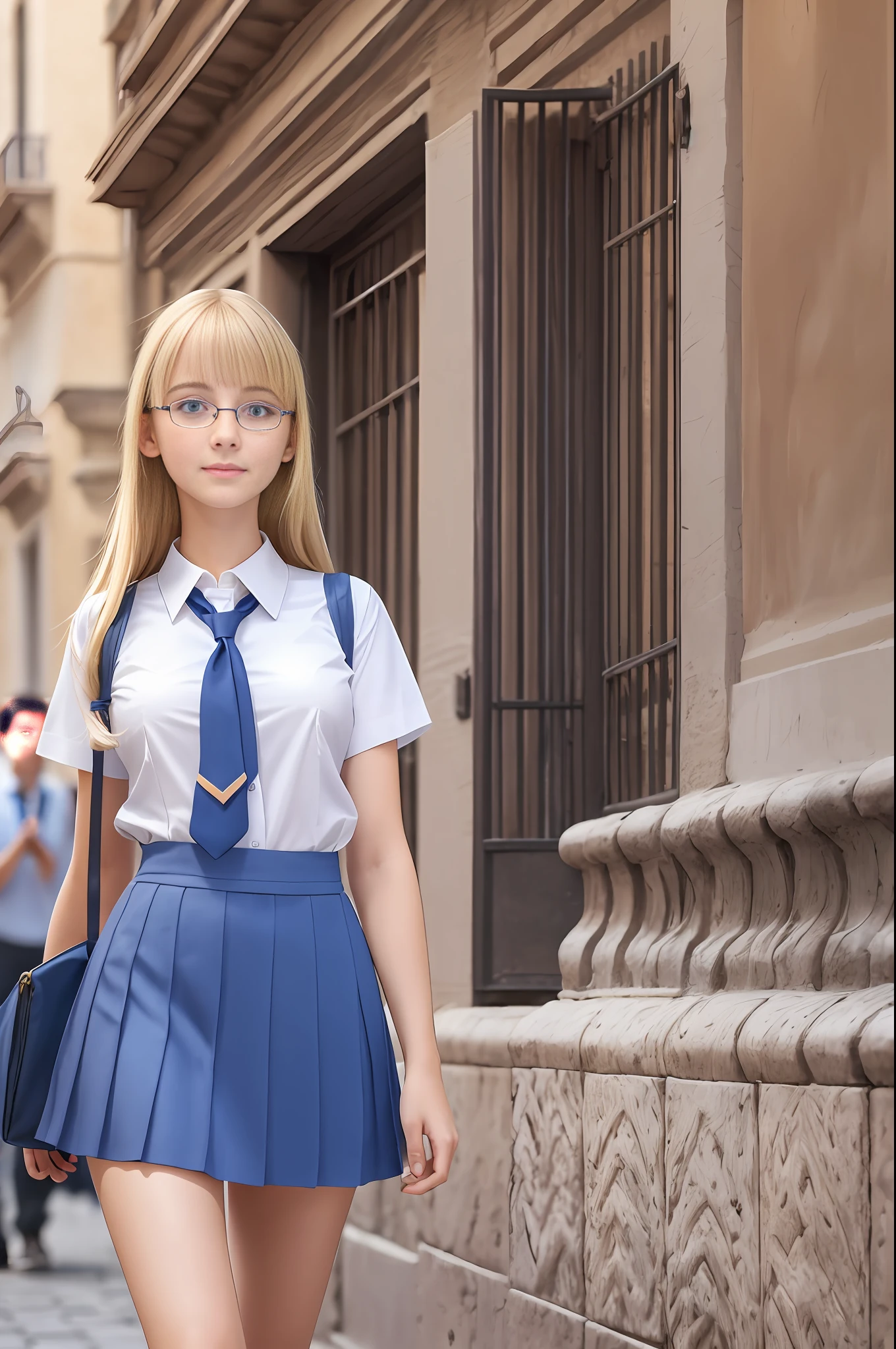 absurdres, RAW photo, highest quality, (masterpiece: 1.3), high detail RAW color photo, professional photo, extremely detailed CG 8k wallpaper unit, photo-realistic, realistic, RAW photo, masterpiece, best quality, highres, illustration,
1girl, 19 YEARS old, tall, random hairstyle, blonde hair with bangs, medium length, thin legs, beautiful perfect realistic face, beautiful detailed blue eyes, fair skin, detailed skin texture, very small breasts, small butt, beautiful body, smile, prescription glasses.
(Catholic school uniform, simple design), streets of Rome, sun