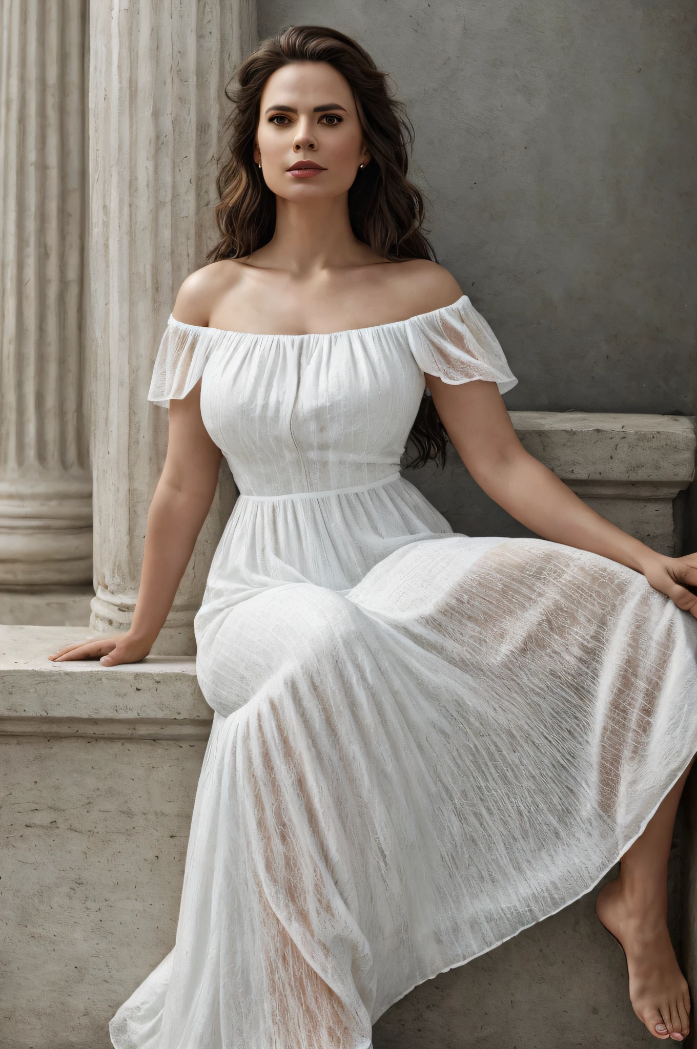 (Thirty year old) woman, wearing a (flowing bright white summer off-shoulder see-through chiffon maxi dress::1.3), (beautiful legs and feet::1.2), (wearing sandals::1.3), relaxed pose, looking directly at camera, smile, flirty, fun, City of Rome, Canon, (Detailed features::1.2), real life. Hayley Atwell, intricate, 8k, highly detailed, (extremely detailed CG unity 8k wallpaper), ((square jaw)), (well defined jaw), (downturned lips), (detailed anatomy), Hyperrealistic full shot body image, trending on CGSociety, Intricate, High Detail, Sharp focus, dramatic, volumetric lighting, strong sunshine, vibrant colours, fine art photography, intense, modelshoot style, (extremely detailed CG unity 8k wallpaper), full shot body photo of the most beautiful artwork in the world, pearl skin