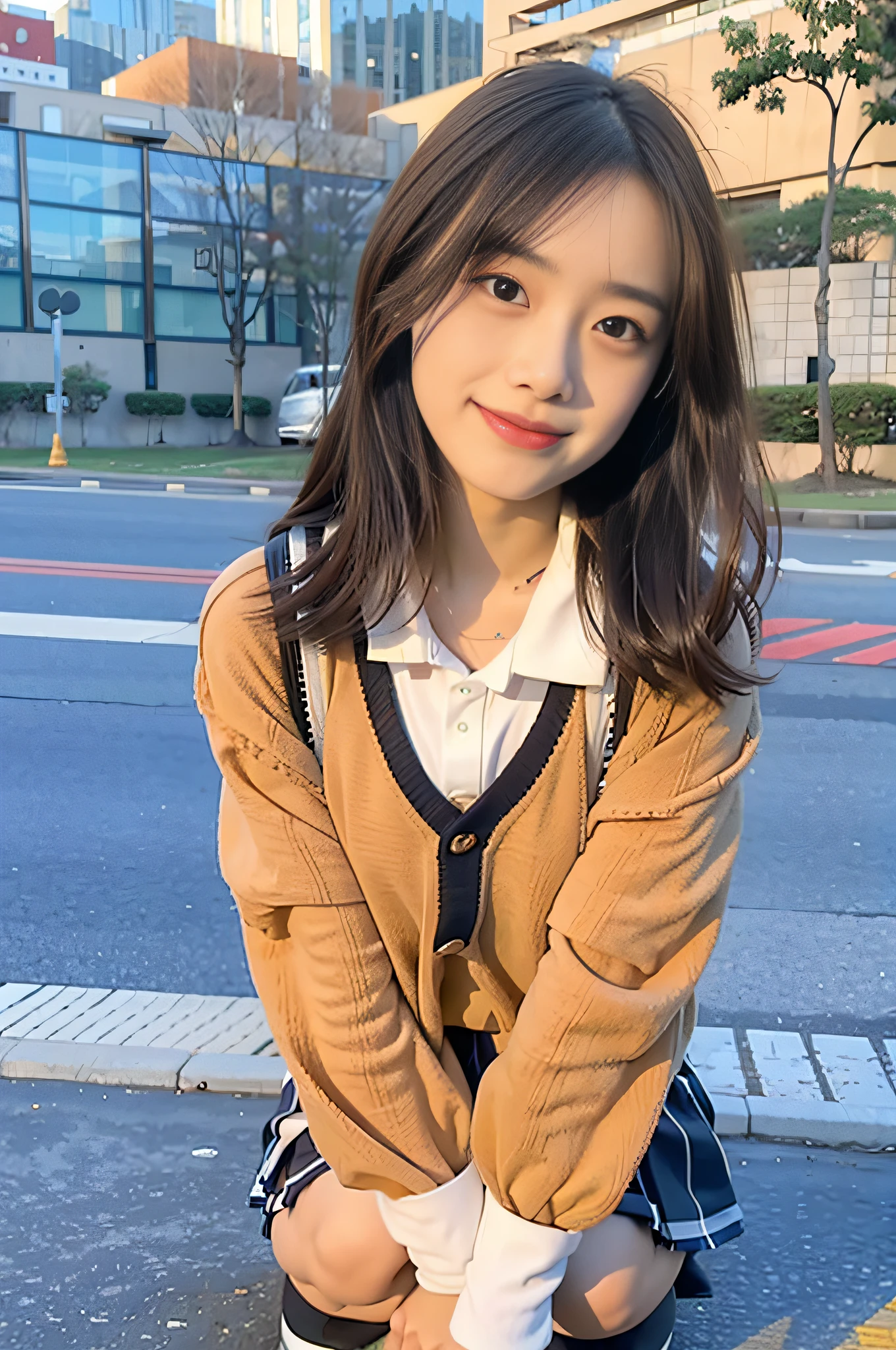 sidewalk, RAW photo, 8K, highest quality, super high resolution, beautiful face details, real human skin, gentle expression, front view, angle from below, long hair, realistic, realistic, cute, short skirt, squatting deep in the city, cute schoolgirl, japanese schoolgirl uniform, wearing japanese school uniform, surreal high school girl, full body,
