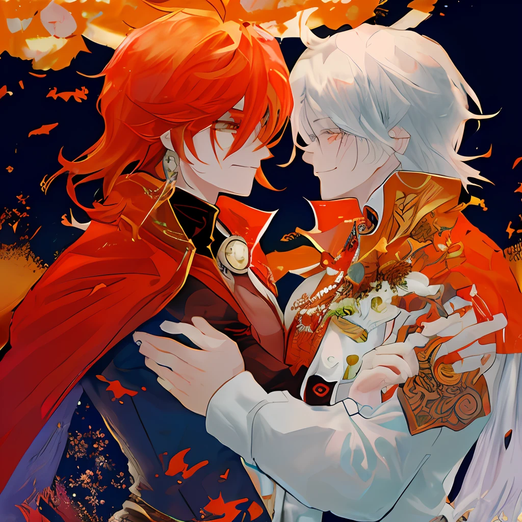 A couple of two men embracing. The man on the left wears oriental-style clothes with shades of red and orange accents, has fire-like red hair, and a sarcastic smile. The man on the right wears royal clothes with shades of blue and gold details, with a cape that covers one shoulder, he has a calm look and white hair.